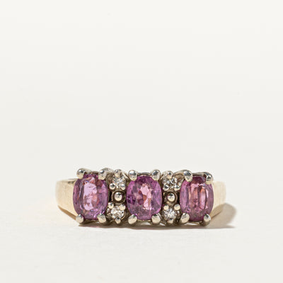 Three Stone Pink Sapphire & Diamond Ring | 1.25ctw, 0.07ctw | SZ 7.75