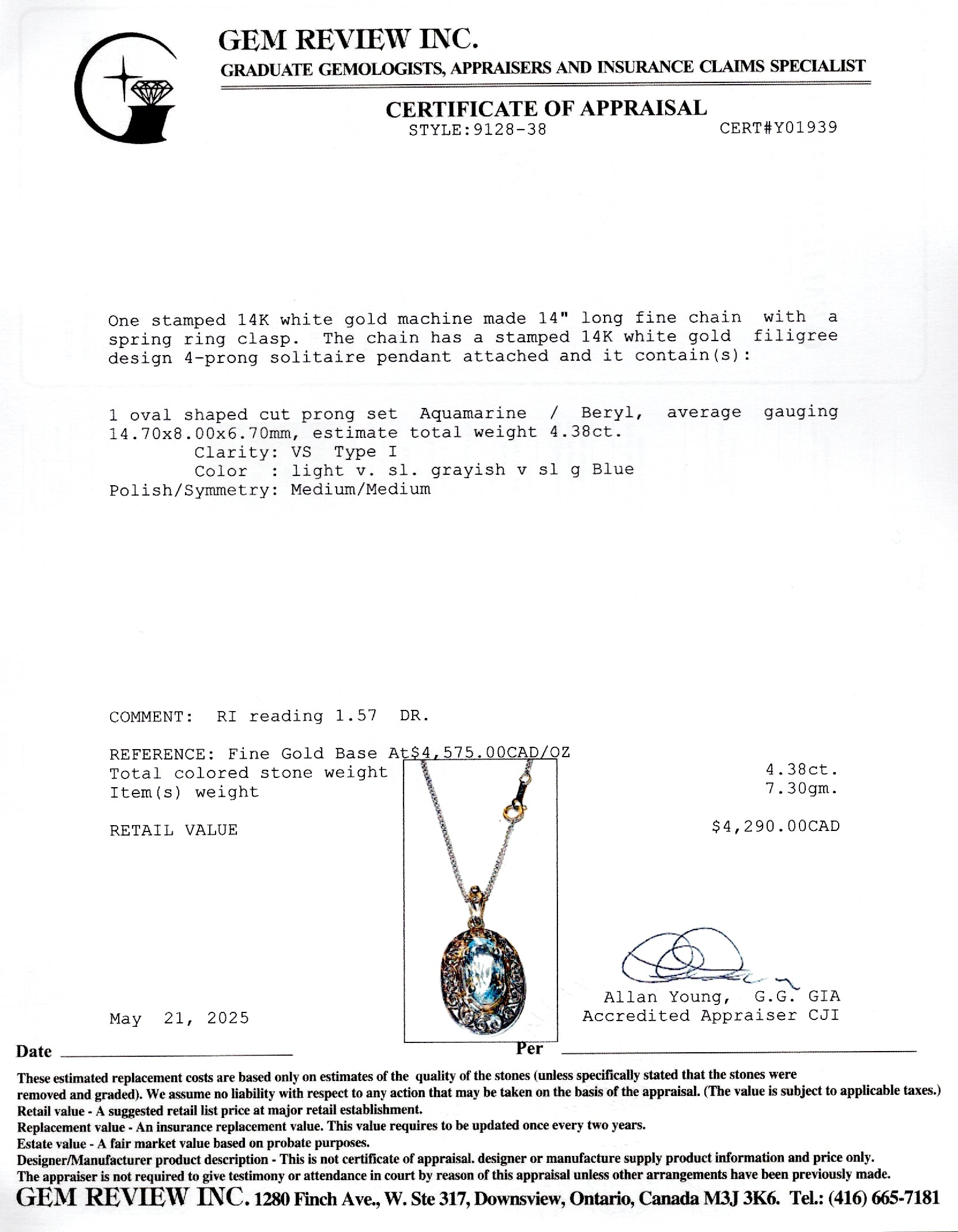 Aquamarine Large Pendant Necklace | 4.38ct | 14"