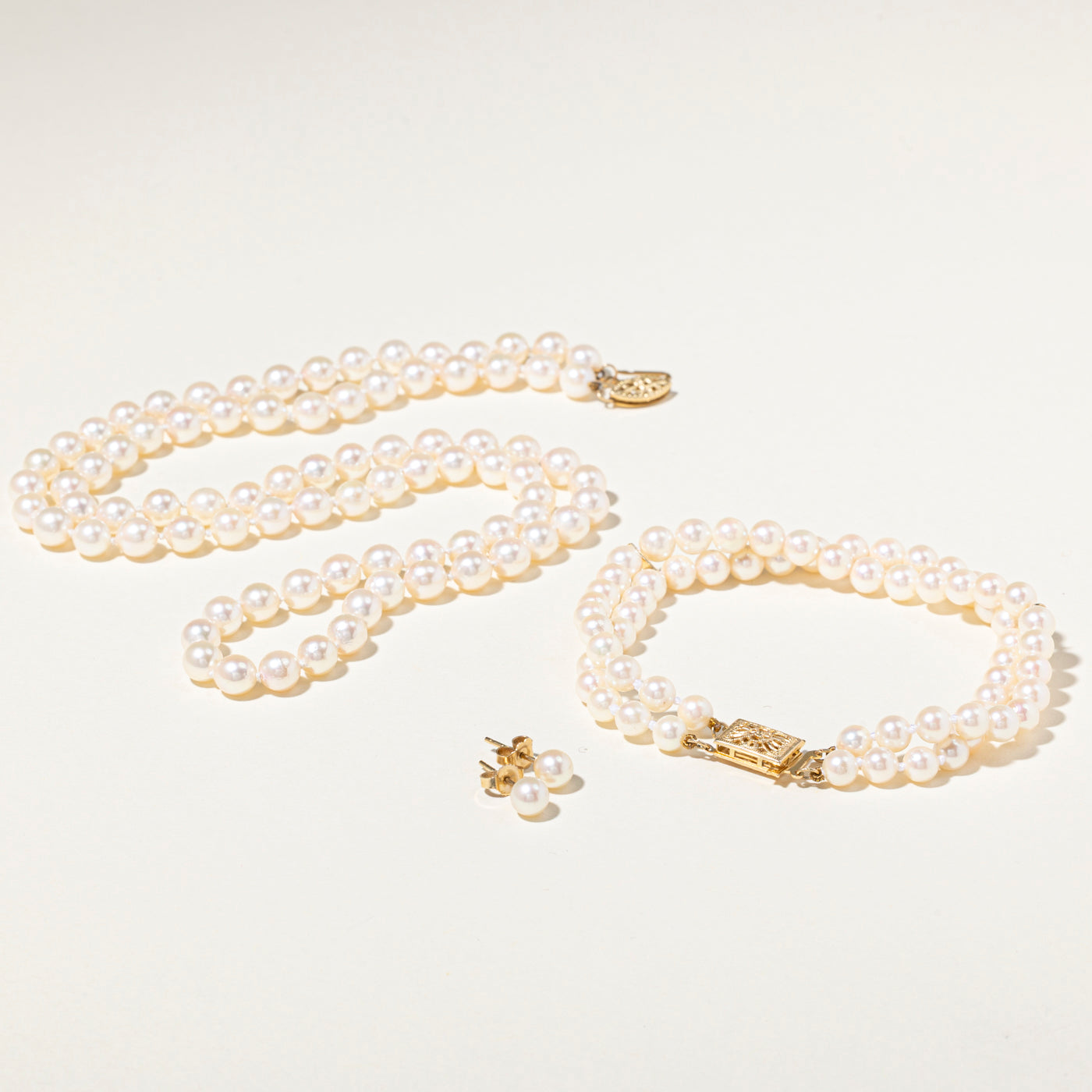 14k Cultured Pearl Strand Necklace, Bracelet & Earrings Set | 22.5" | 7.5"
