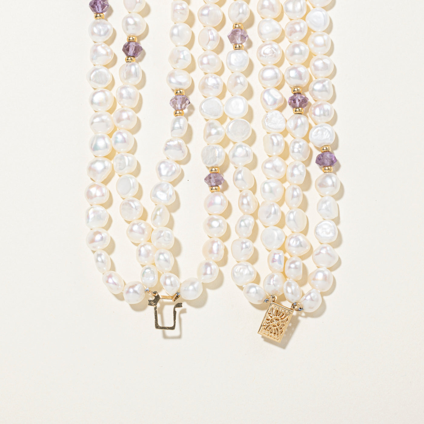 Multi Row Purple Glass Beads & Pearl Strand Necklace | 18"