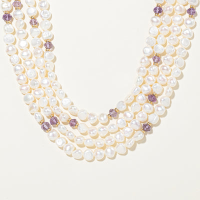 Multi Row Purple Glass Beads & Pearl Strand Necklace | 18