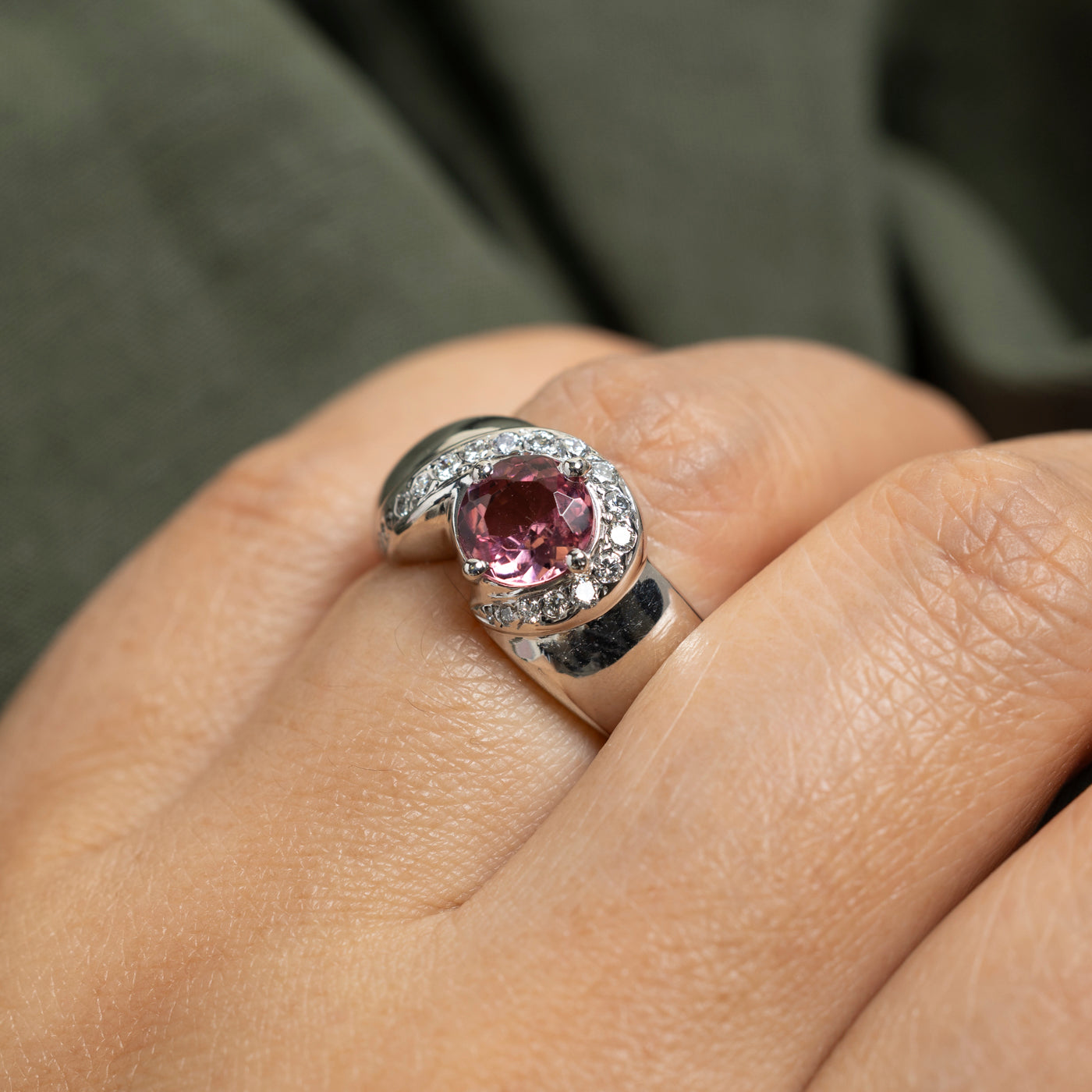 Pink Tourmaline & Diamond Semi Halo Cocktail Ring | 1.05ct, 0.31ctw | SZ 6