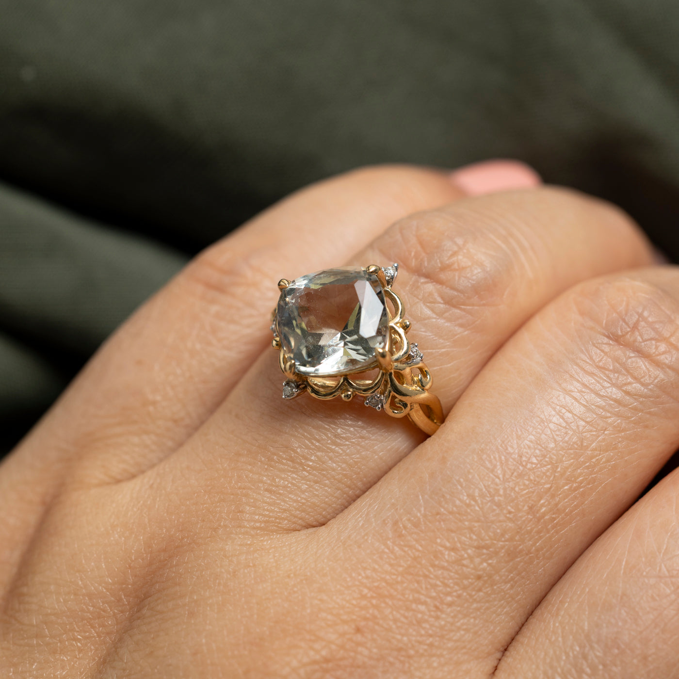Prasiolite & Diamond Ornate Cocktail Ring | 4.78ct, 0.03ctw | SZ 6.5