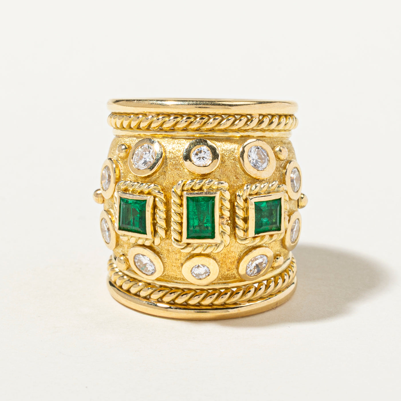 Emerald & Diamond Ornate Design Large Band | 0.69ctw, 0.80ctw | SZ 6.5
