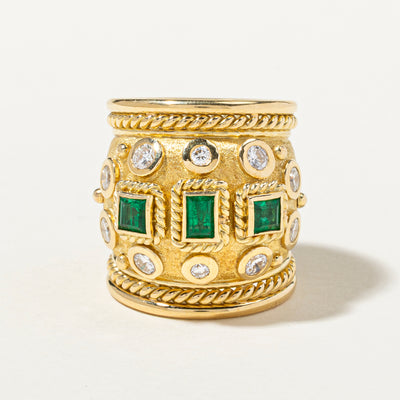 Emerald & Diamond Ornate Design Large Band | 0.69ctw, 0.80ctw | SZ 6.5