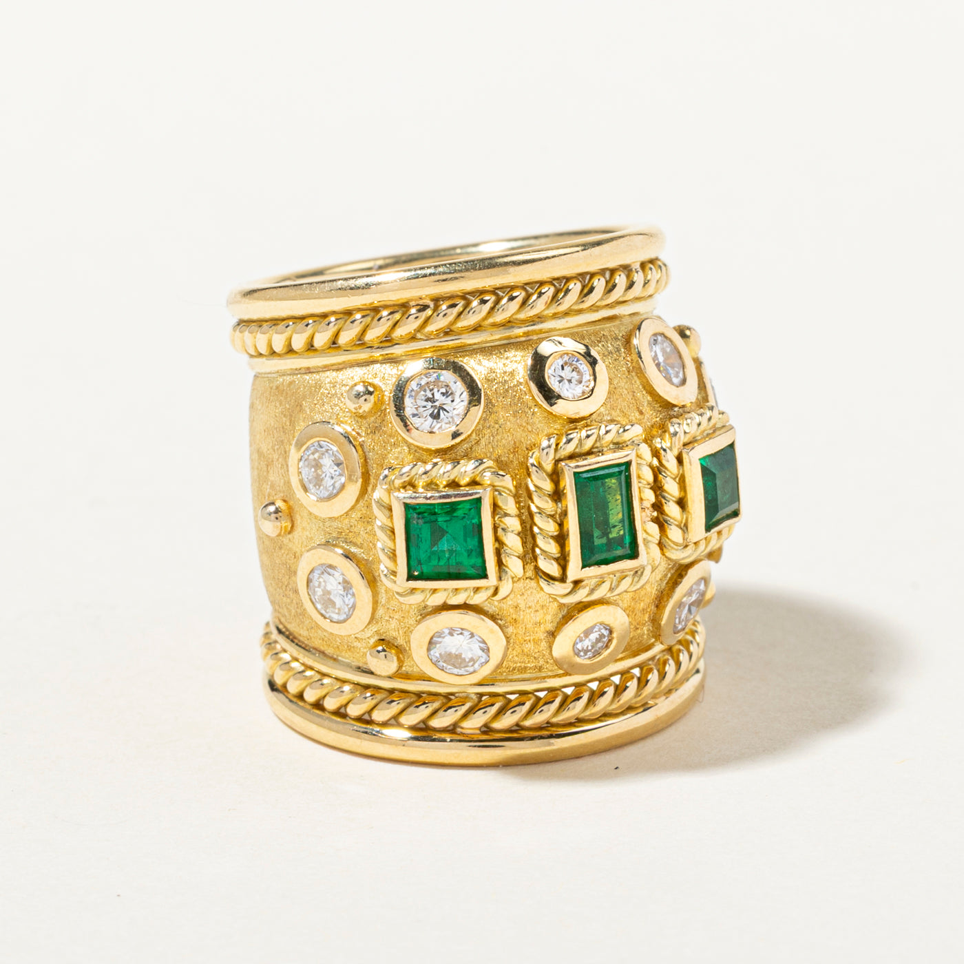 Emerald & Diamond Ornate Design Large Band | 0.69ctw, 0.80ctw | SZ 6.5