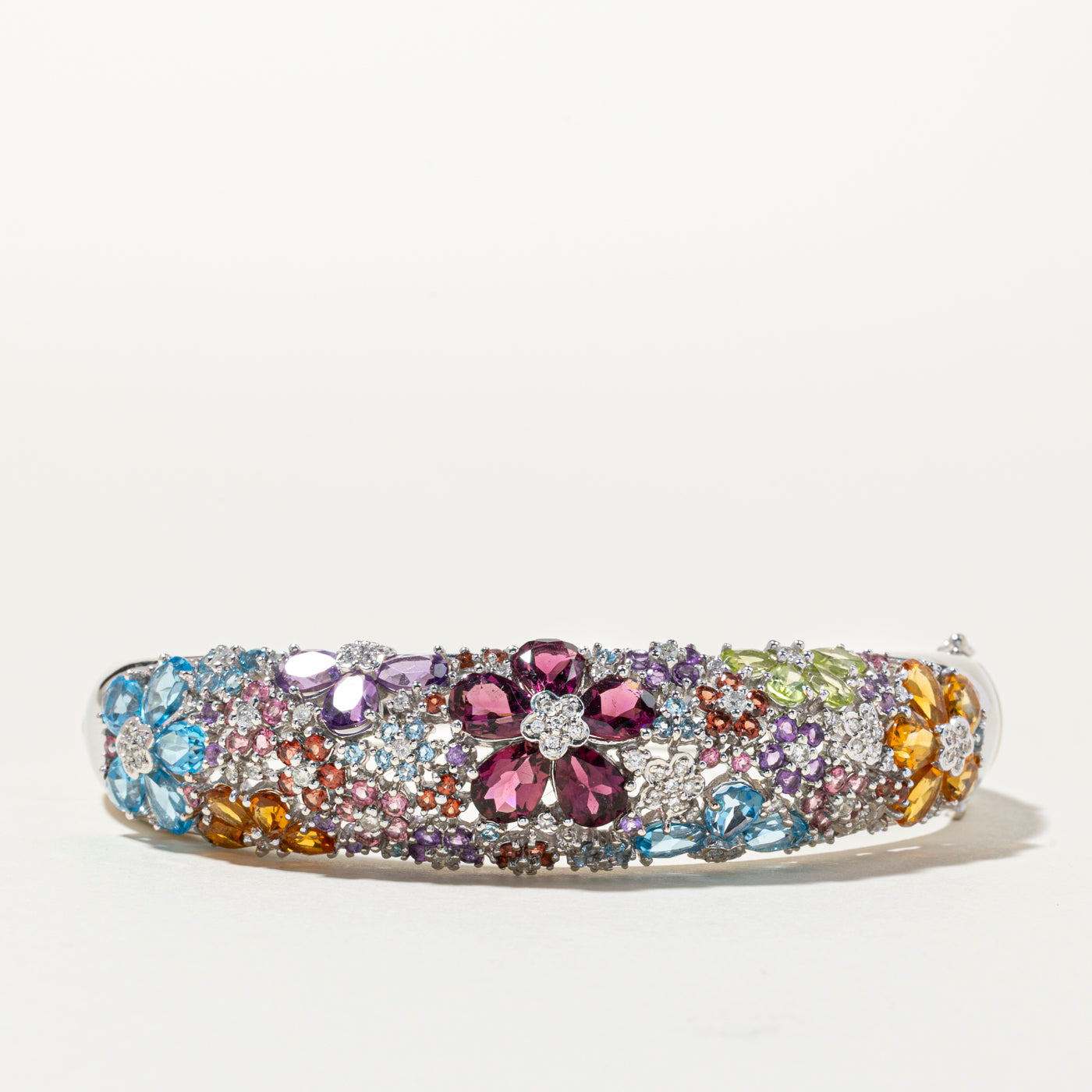 Multi Gemstone Floral Design Bangle Bracelet | 0.90ctw | 6"
