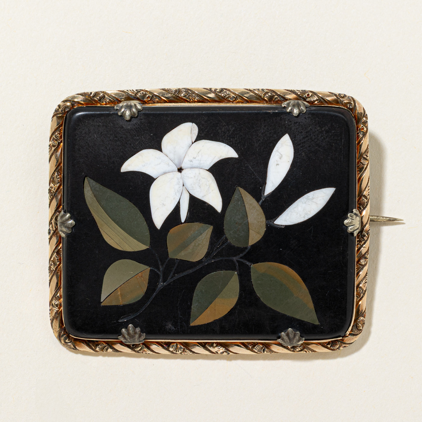Antique Italian Pietra Dura Lily Mosaic Brooch | 100ct |