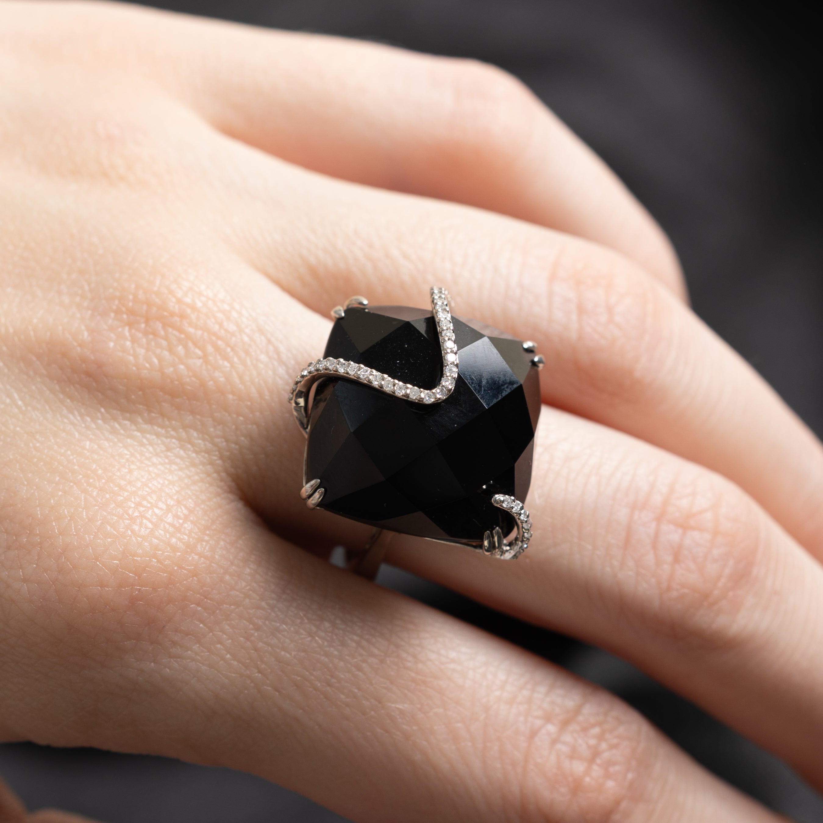 Onyx & Diamond Cocktail Ring | 28.00ct, 0.08ctw | SZ 7