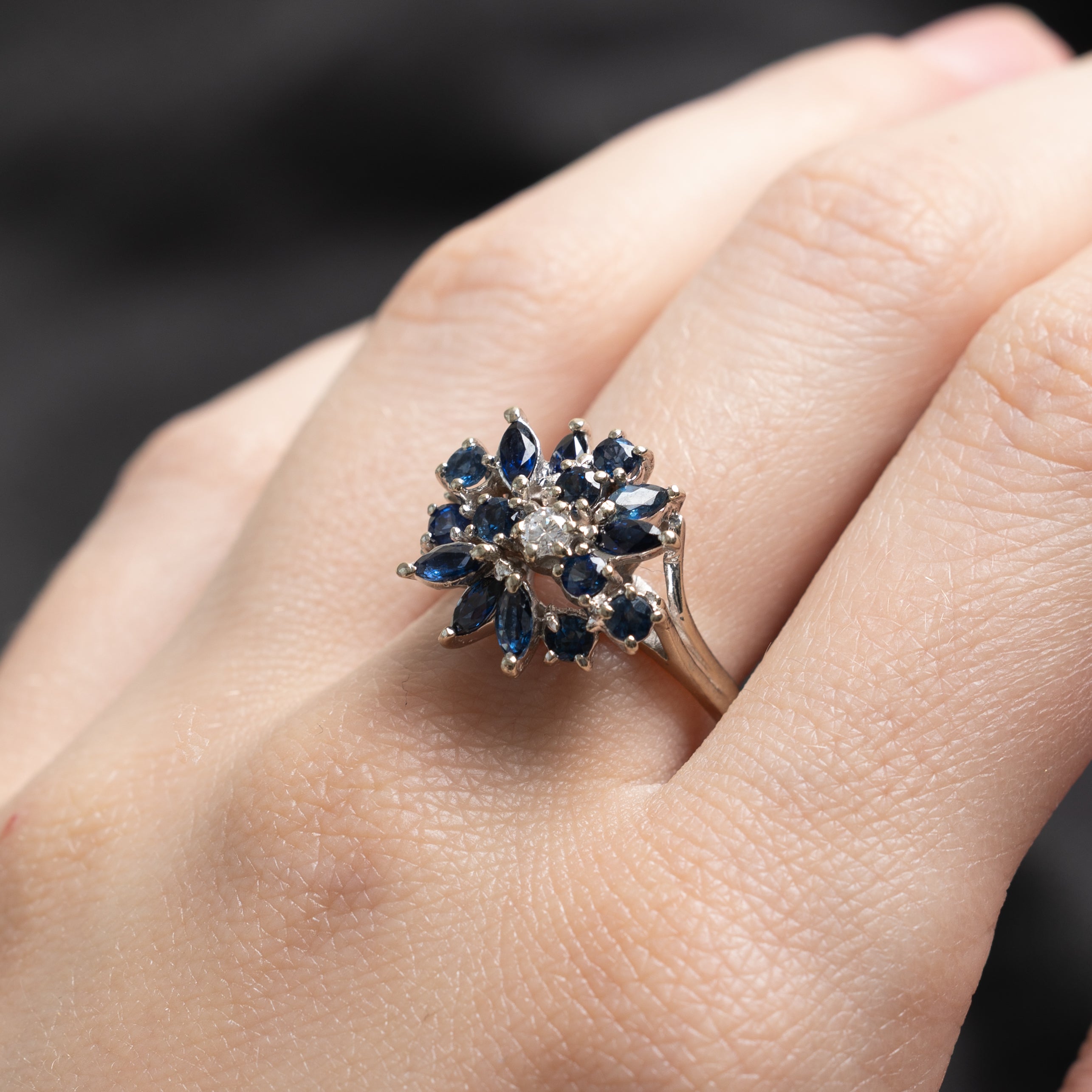 Sapphire & Diamond Cluster Cocktail Ring | 1.10ctw, 0.06ct | SZ 8.25