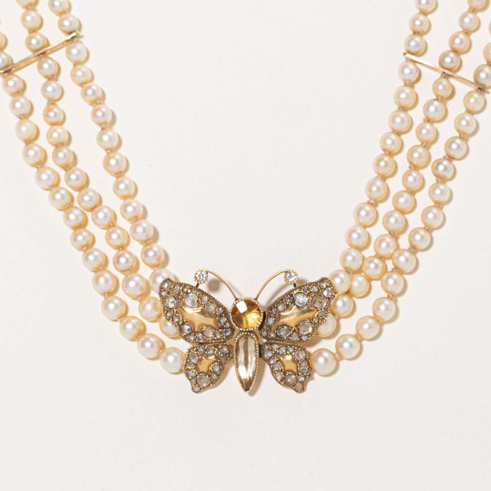 Antique Multi Gemstone Butterfly & Pearl Strand Choker Necklace | 1.66ctw, 1.10ctw | 13.5"