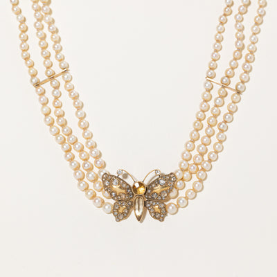 Antique Multi Gemstone Butterfly & Pearl Strand Choker Necklace | 1.66ctw, 1.10ctw | 13.5