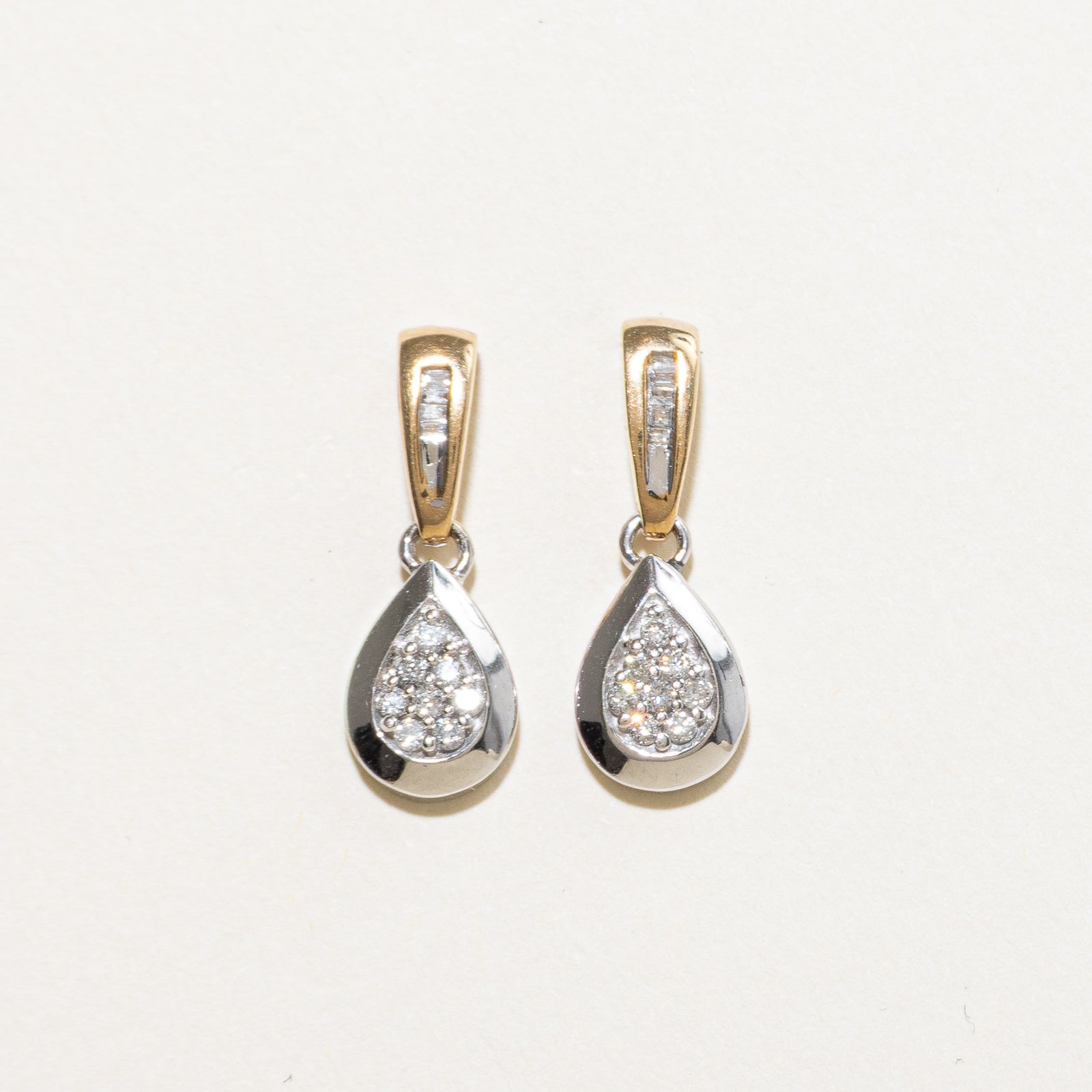 Two Tone Gold Diamond Pear Shaped Drop Earrings | 0.18ctw