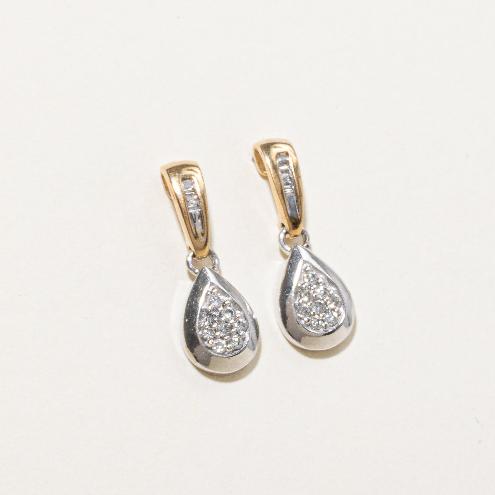 Two Tone Gold Diamond Pear Shaped Drop Earrings | 0.18ctw