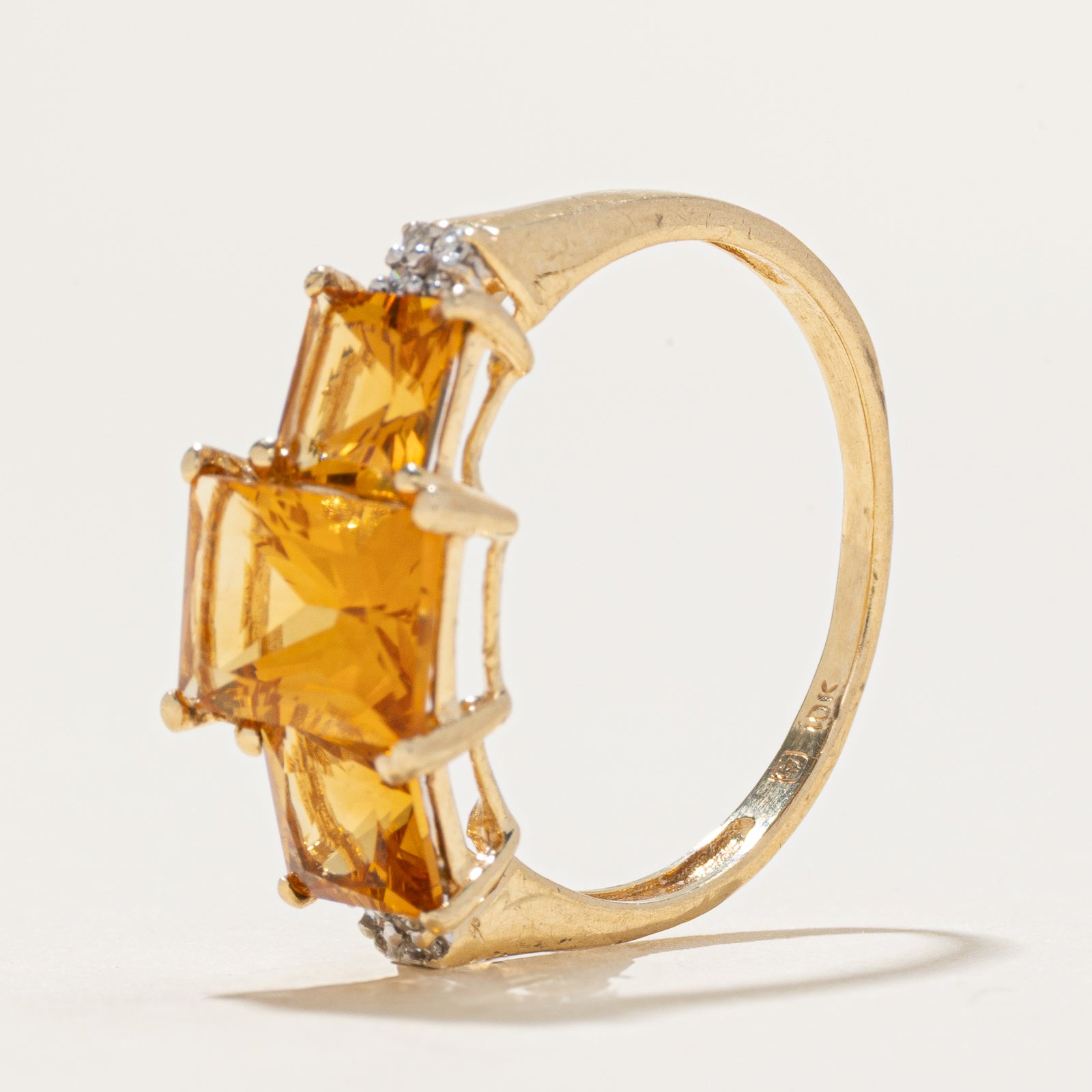 Three Stone Citrine & Diamond Ring | 2.35ctw, 0.01ctw | SZ 7.5