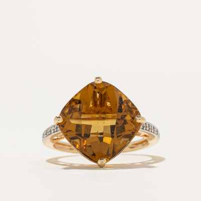 Checkerboard Cut Citrine & Diamond Ring | 6.60ct, 0.02ctw | SZ 7