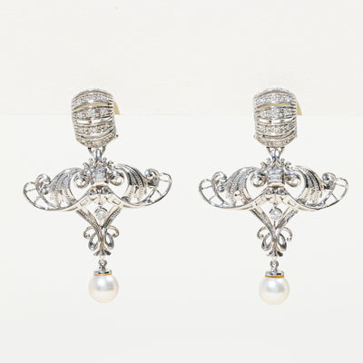 Diamond & Pearl Ornate Chandelier Earrings | 0.70ctw