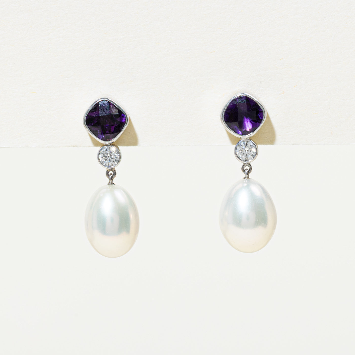 Bezel Set Amethyst, Diamond & Pearl Drop Earrings | 0.90ctw, 0.20ctw |