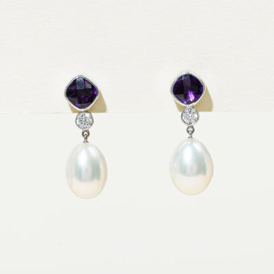Bezel Set Amethyst, Diamond & Pearl Drop Earrings | 0.90ctw, 0.20ctw |
