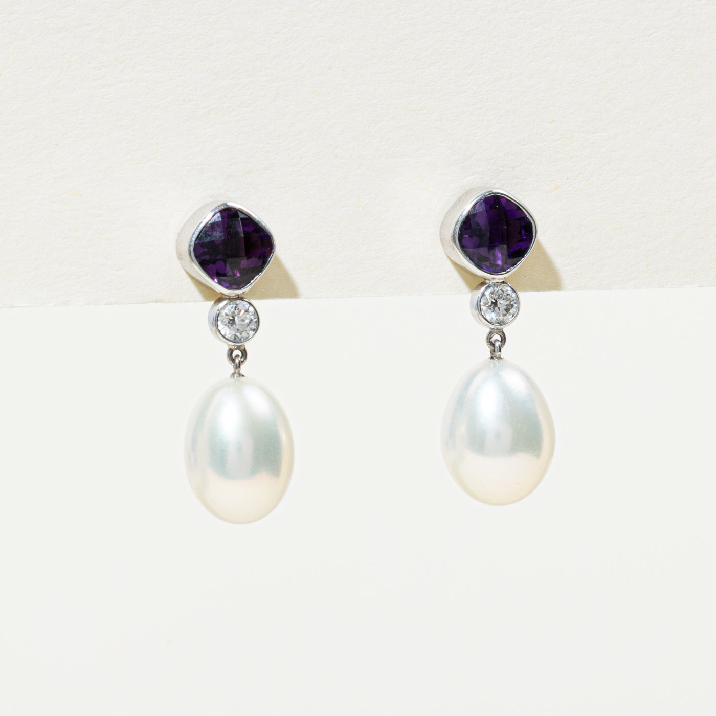 Bezel Set Amethyst, Diamond & Pearl Drop Earrings | 0.90ctw, 0.20ctw |