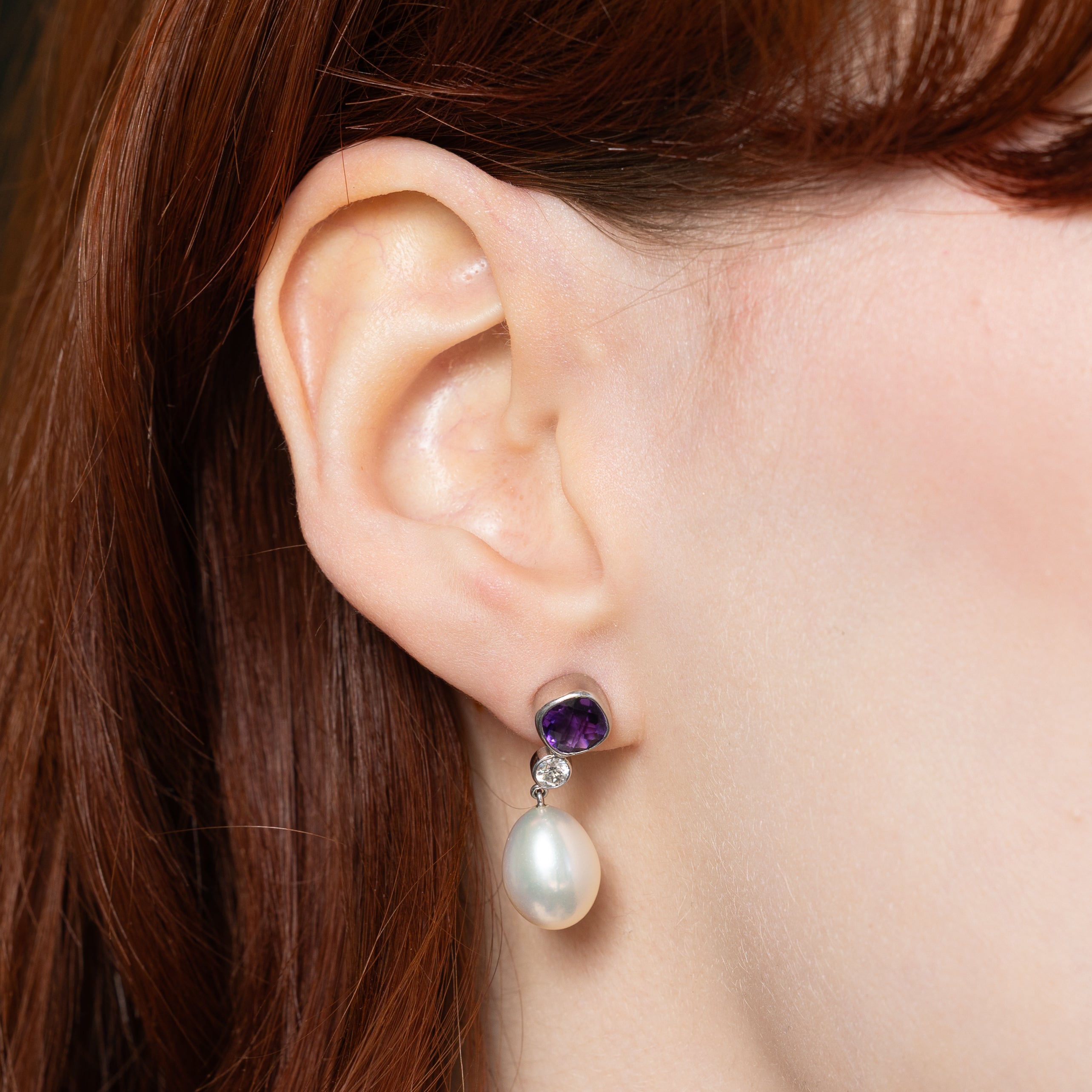 Bezel Set Amethyst, Diamond & Pearl Drop Earrings | 0.90ctw, 0.20ctw |