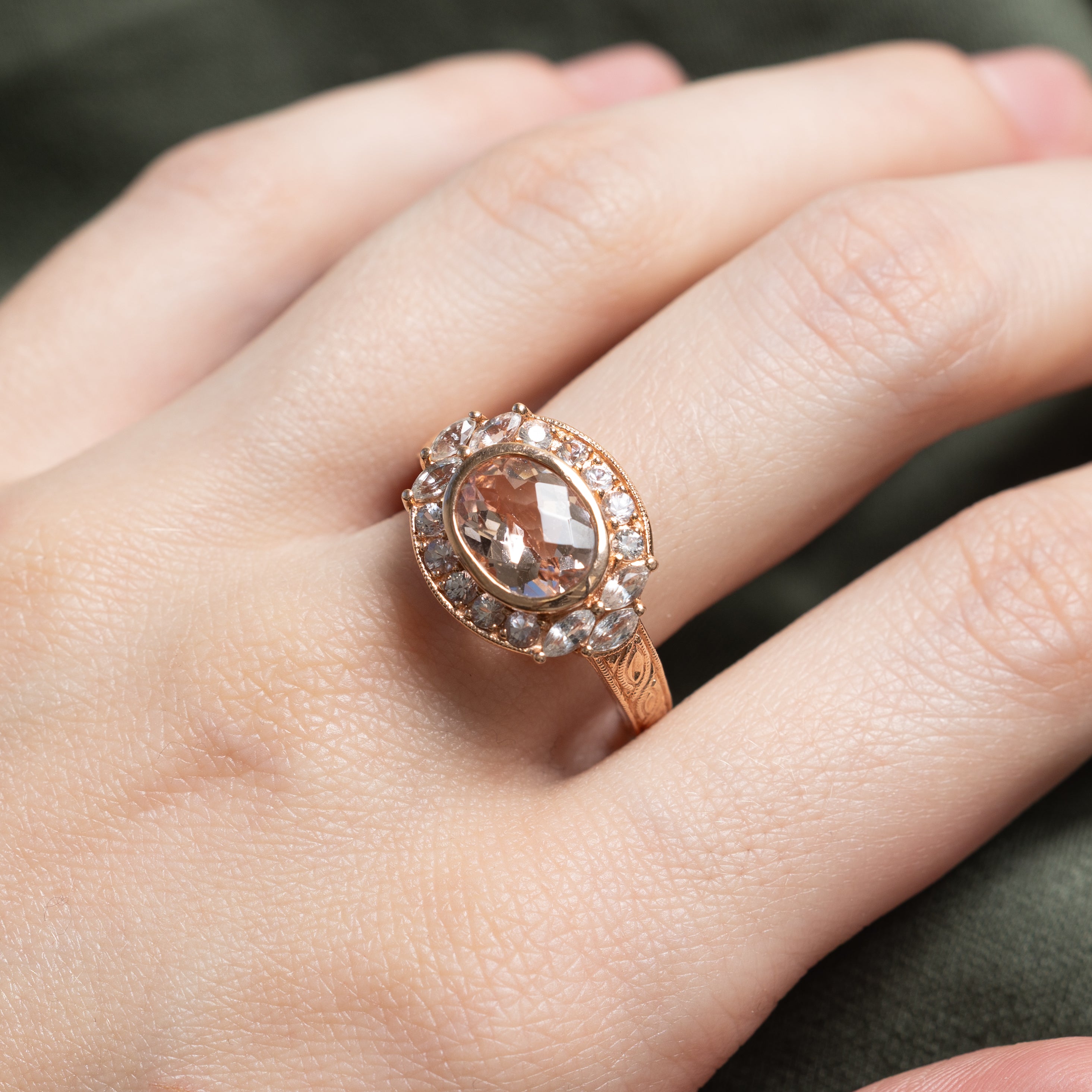 East West Morganite & White Sapphire Halo Cocktail Ring | 2.48ctw | SZ 9