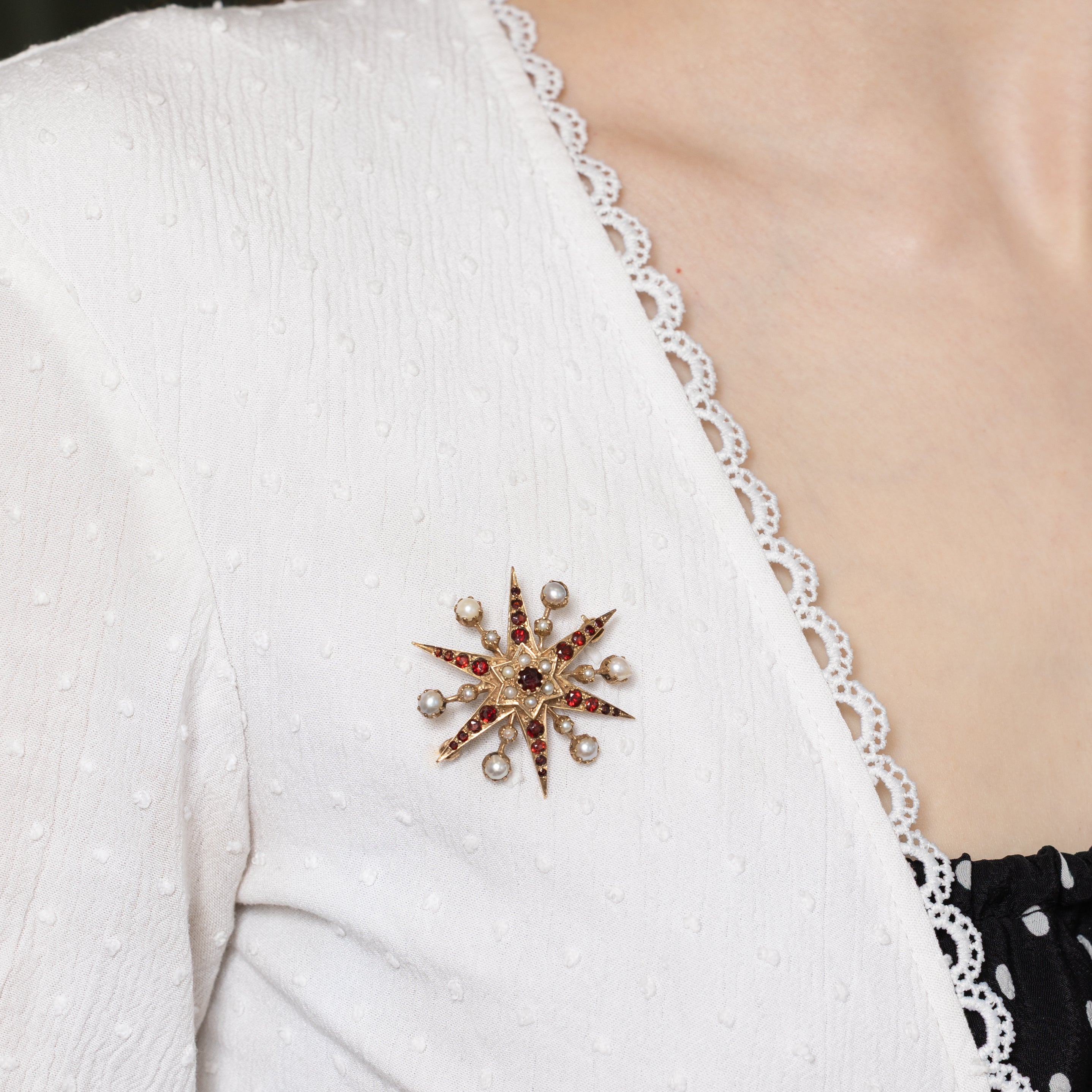 1970 London Garnet & Pearl Sunburst Brooch | 1.20ctw
