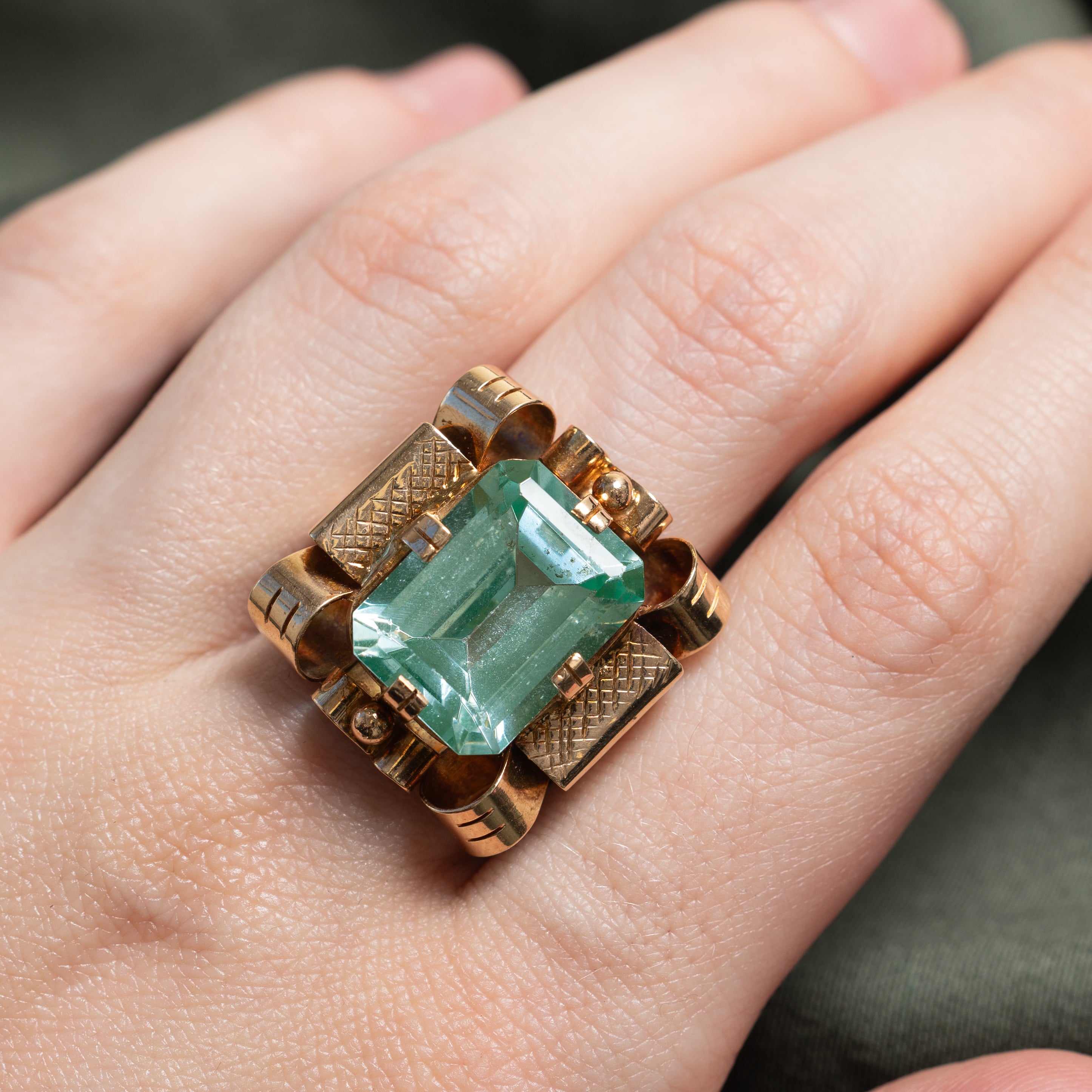Synthetic Green Spinel Scrollwork Cocktail Ring | 13.00ct | SZ 7