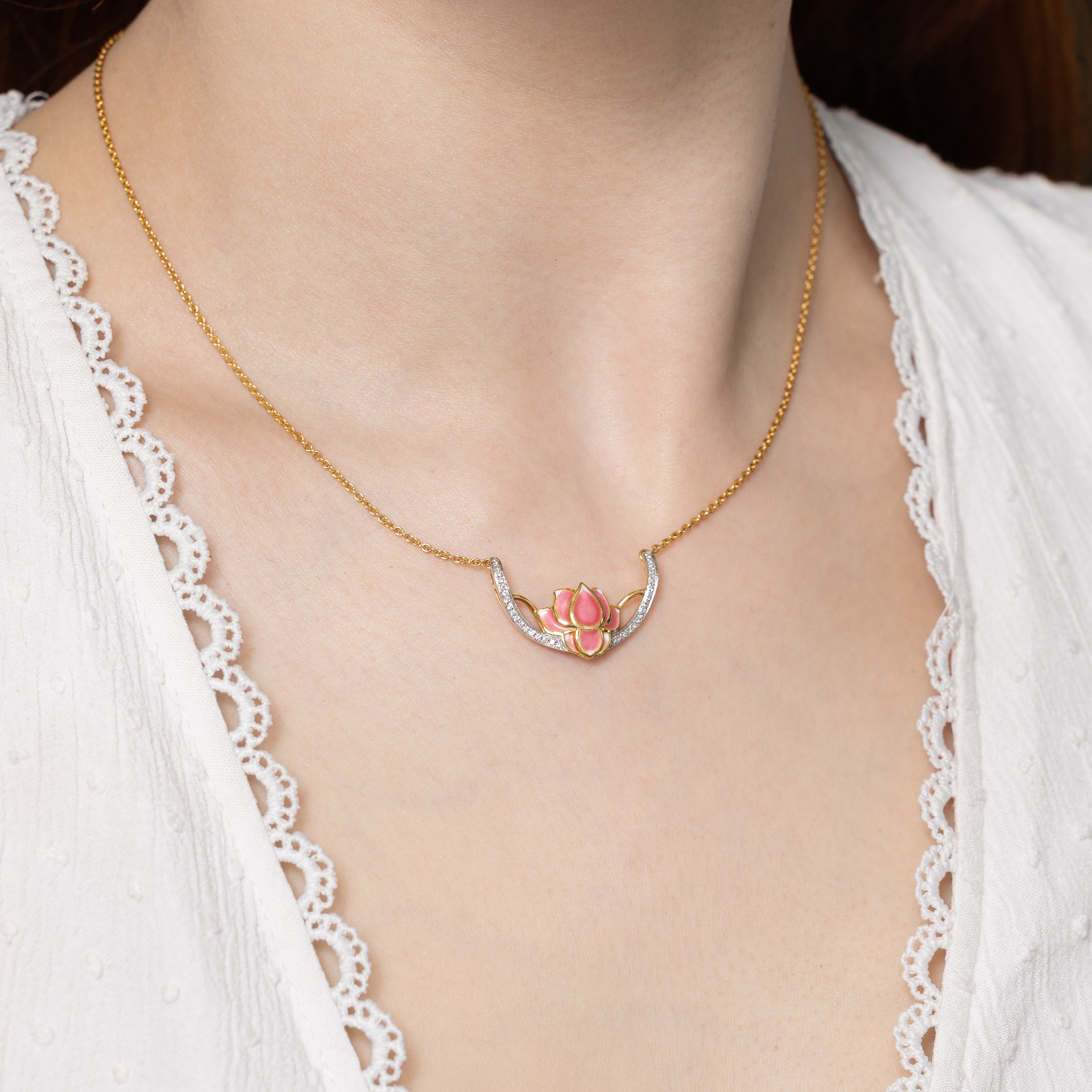 Enamel & Diamond Lotus Flower Necklace | 0.08ctw | 15"