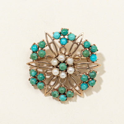 Turquoise & Pearl Openwork Starburst Brooch