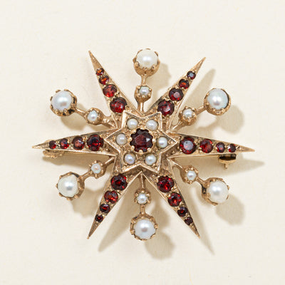 1970 London Garnet & Pearl Sunburst Brooch | 1.20ctw