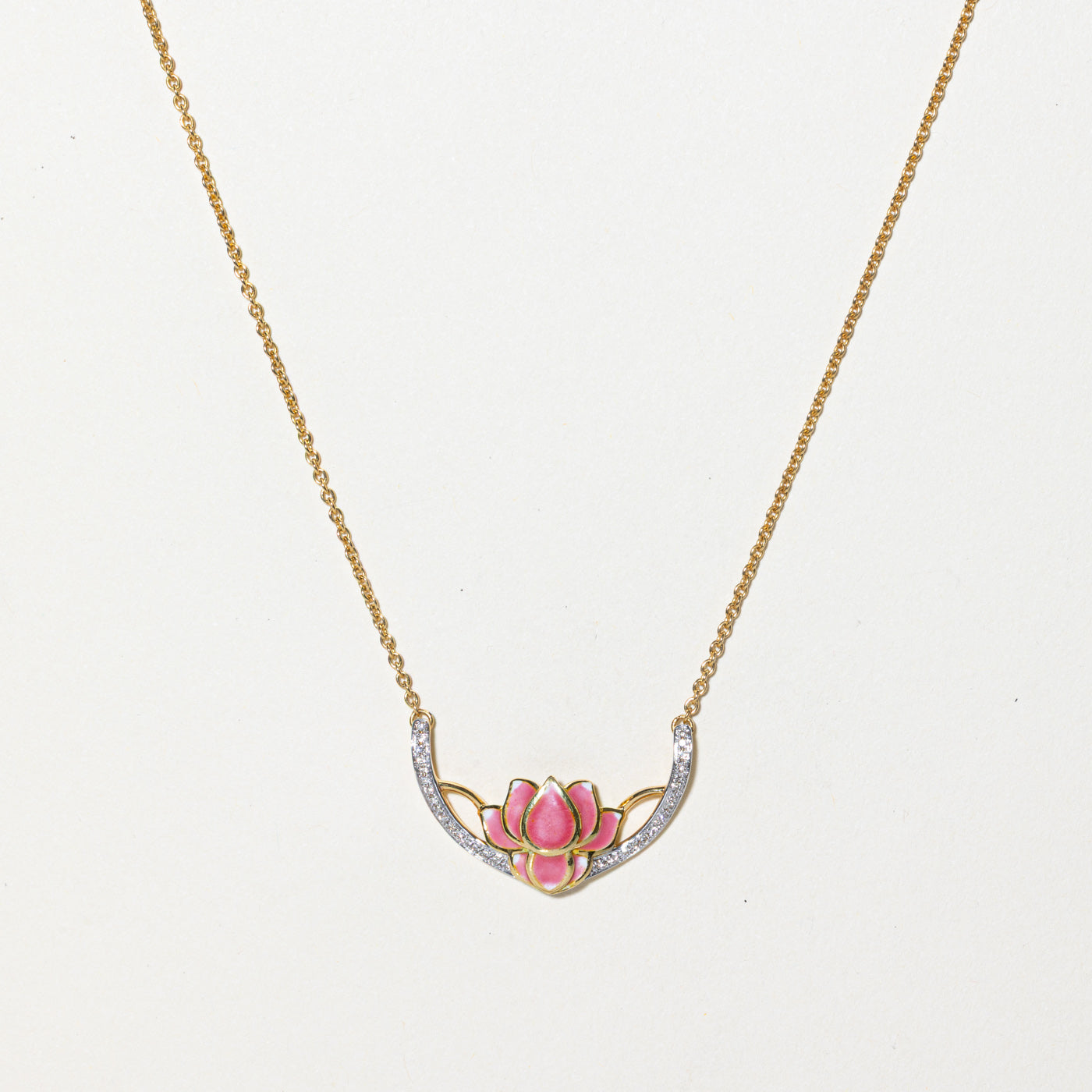 Enamel & Diamond Lotus Flower Necklace | 0.08ctw | 15"