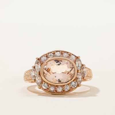 East West Morganite & White Sapphire Halo Cocktail Ring | 2.48ctw | SZ 9