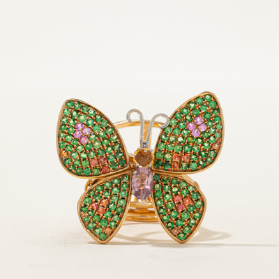 18K gold Kinetic Butterfly Cocktail Ring set with Garnet, Kunzite, Topaz & Sapphire | 1.67ctw | SZ 7