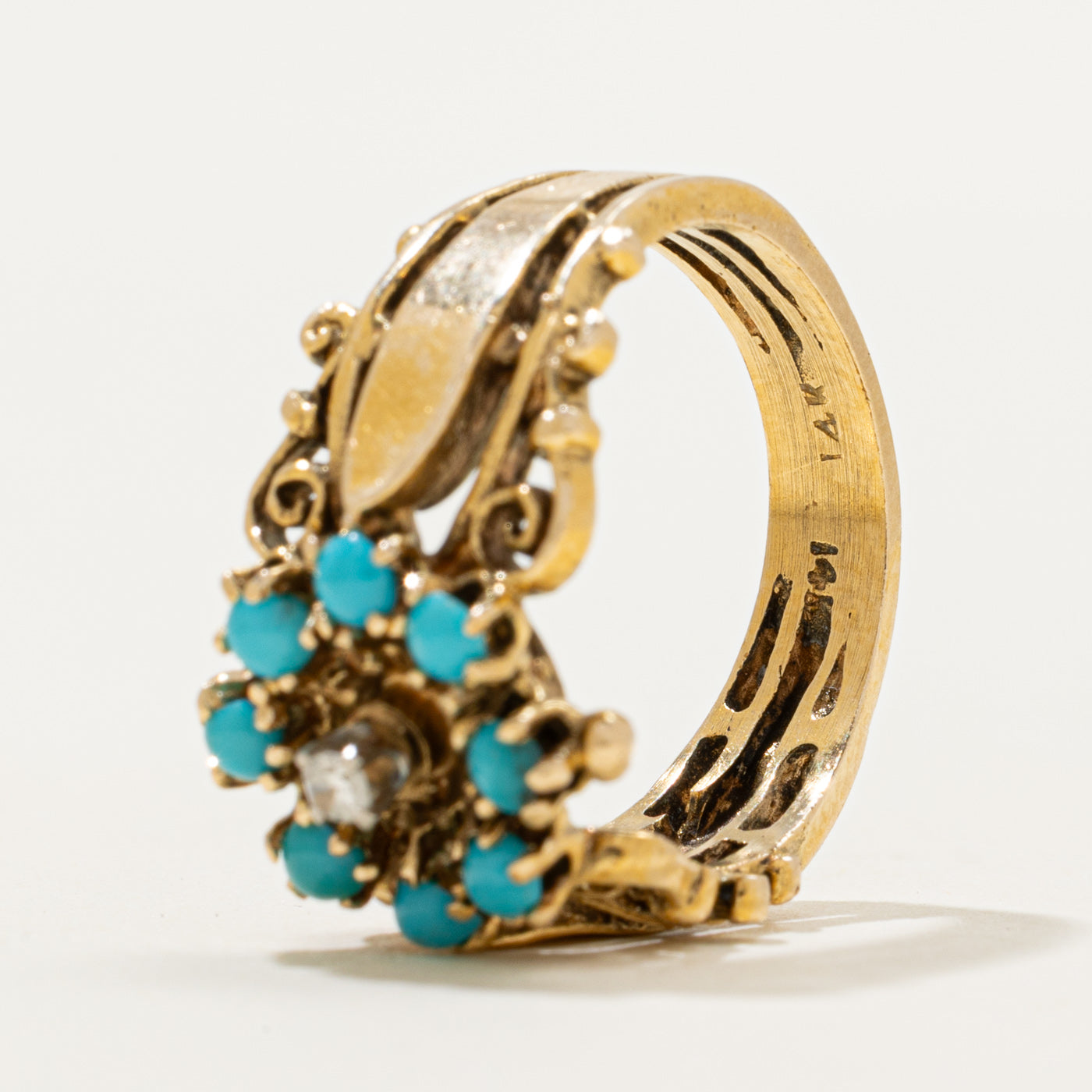 Turquoise & Diamond Scrollwork Ornate Cocktail Ring | 0.48ctw, 0.03ct | SZ 7