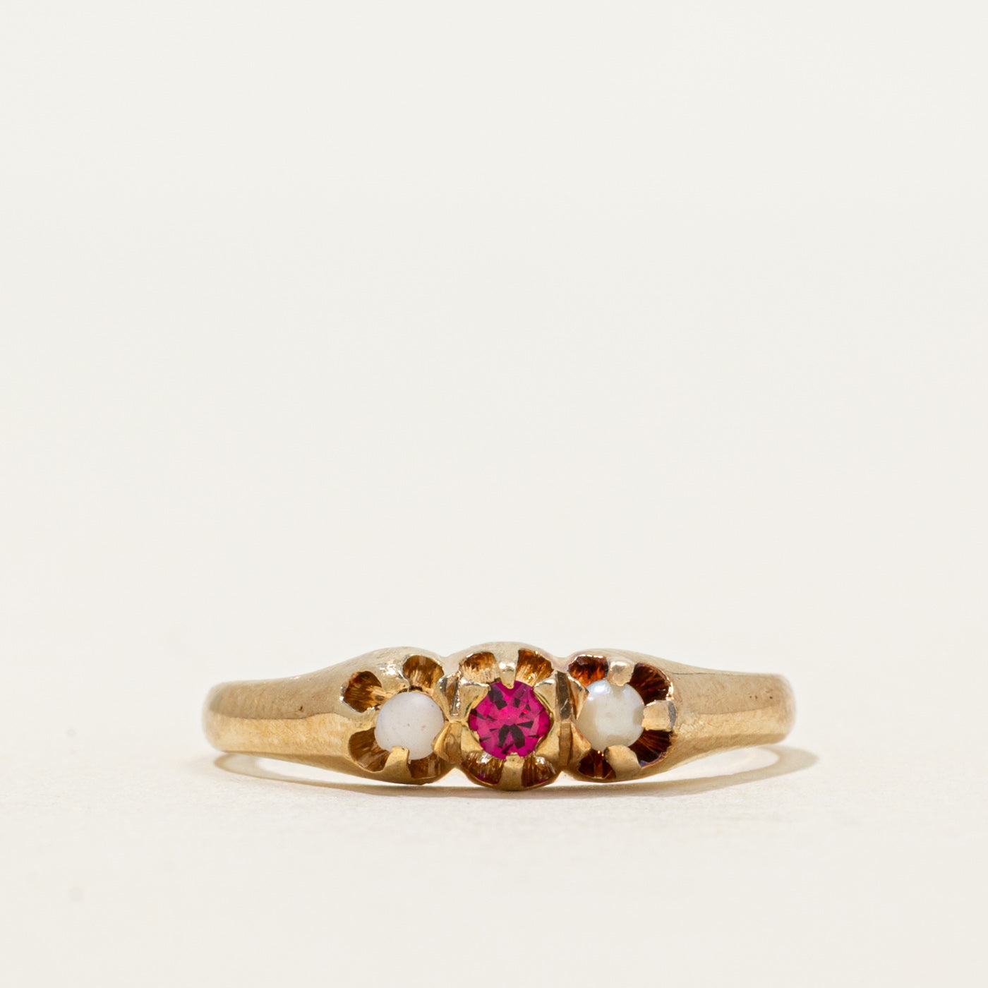Belcher Set Synthetic Ruby & Pearl Petite Ring | 0.05ct | SZ 5.75