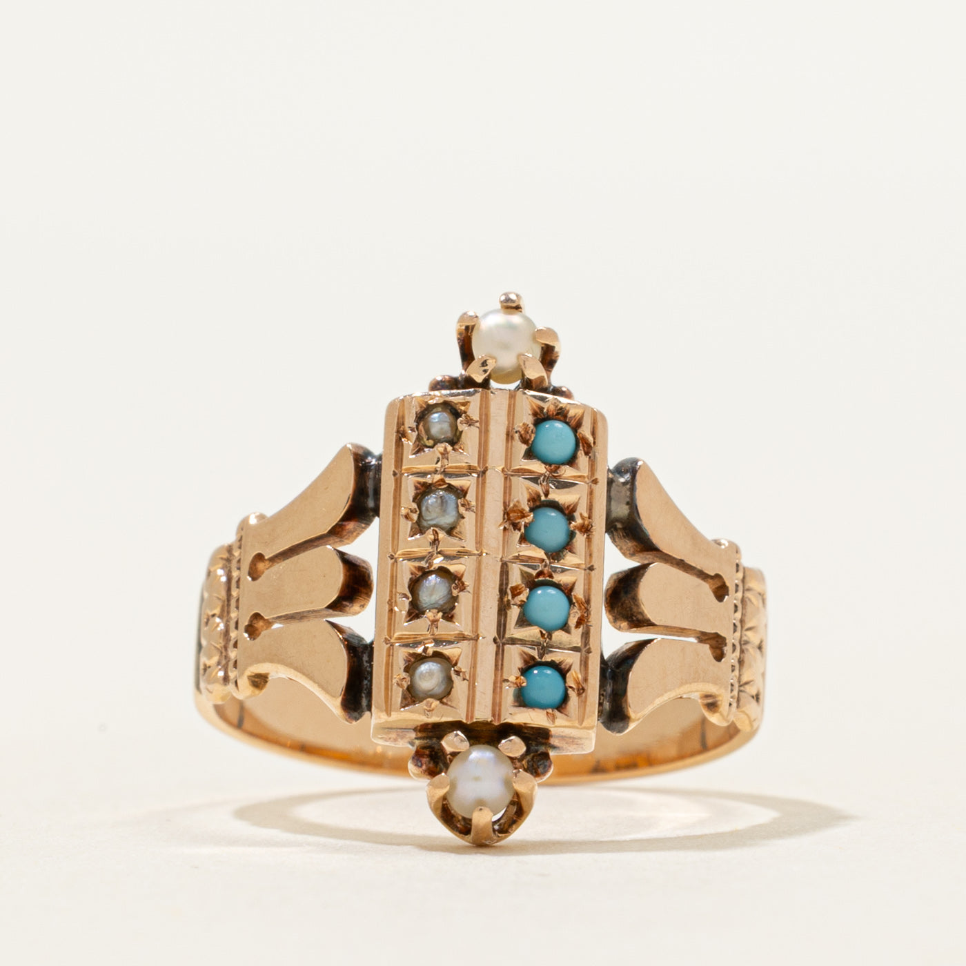 Turquoise & Seed Pearl Ornate Ring | 0.04ctw | SZ 4