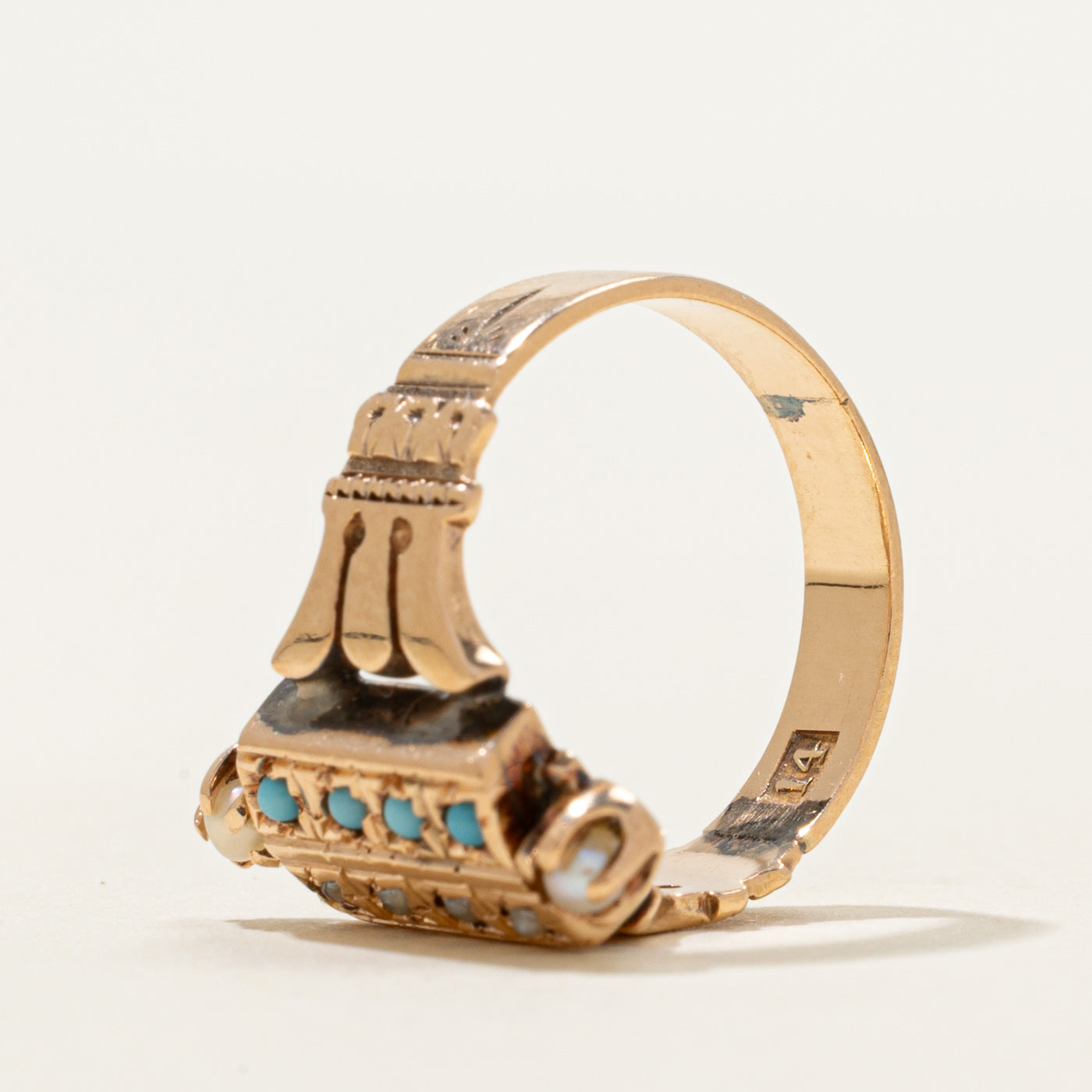 Turquoise & Seed Pearl Ornate Ring | 0.04ctw | SZ 4