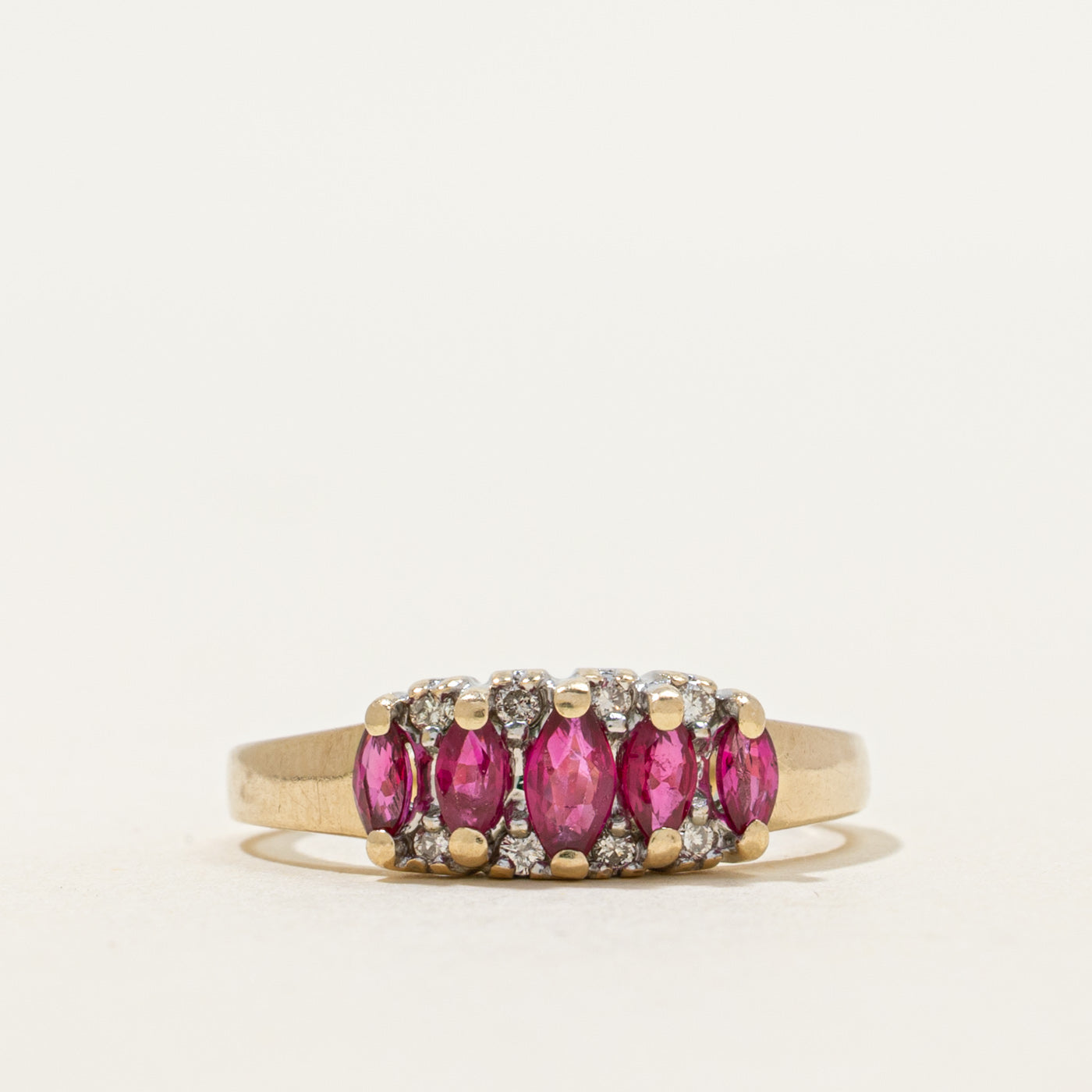 Five Stone Marquise Cut Ruby & Diamond Ring | 0.50ctw, 0.08ctw | SZ 6.75