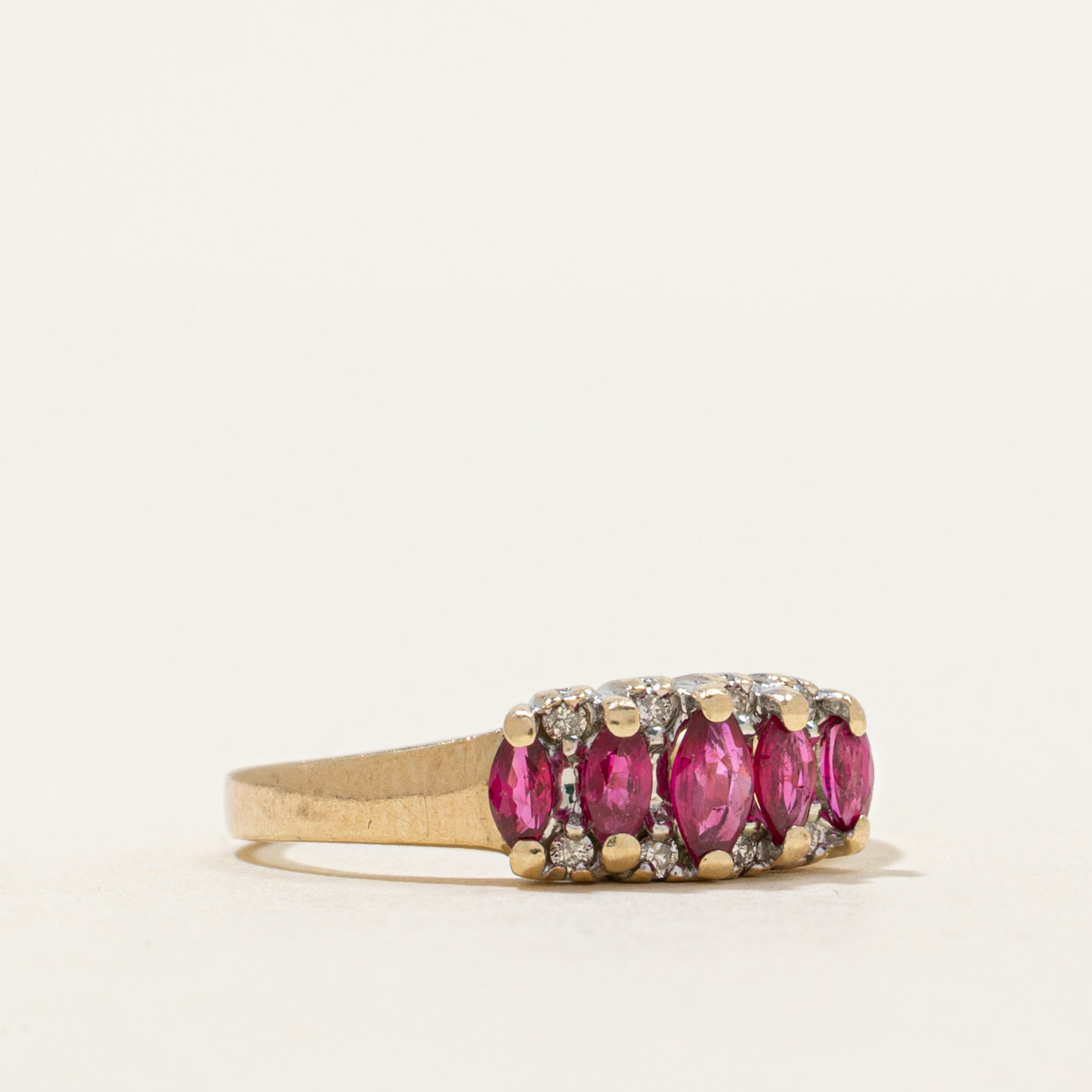 Five Stone Marquise Cut Ruby & Diamond Ring | 0.50ctw, 0.08ctw | SZ 6.75