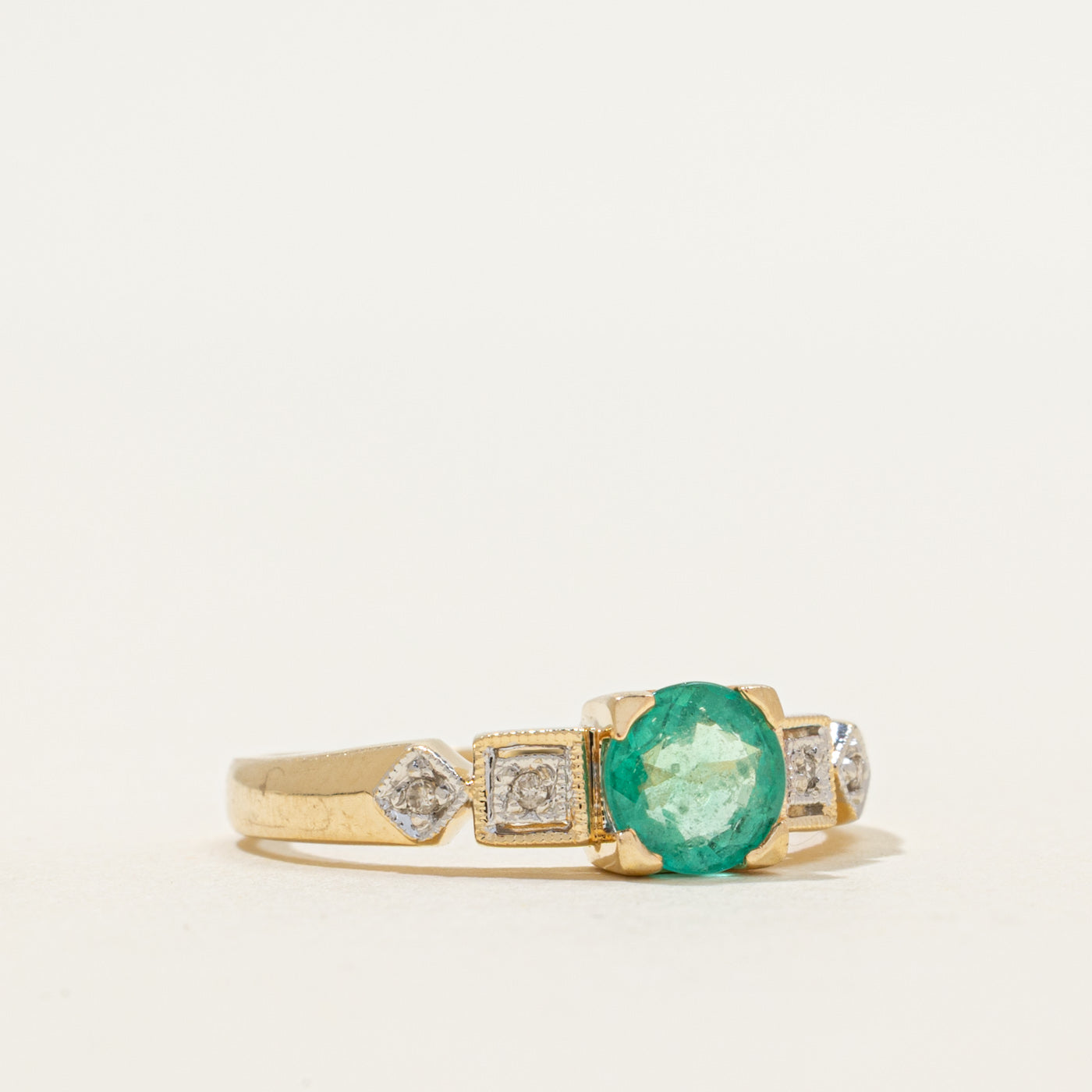 Round Cut Emerald & Diamond Ring | 0.58ct, 0.02ctw | SZ 7.75