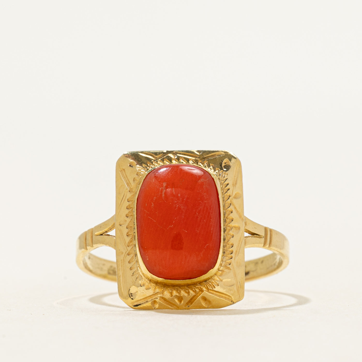 Italian 18k Bezel Set Coral Engraved Ring | 2.10ct | SZ 7.75