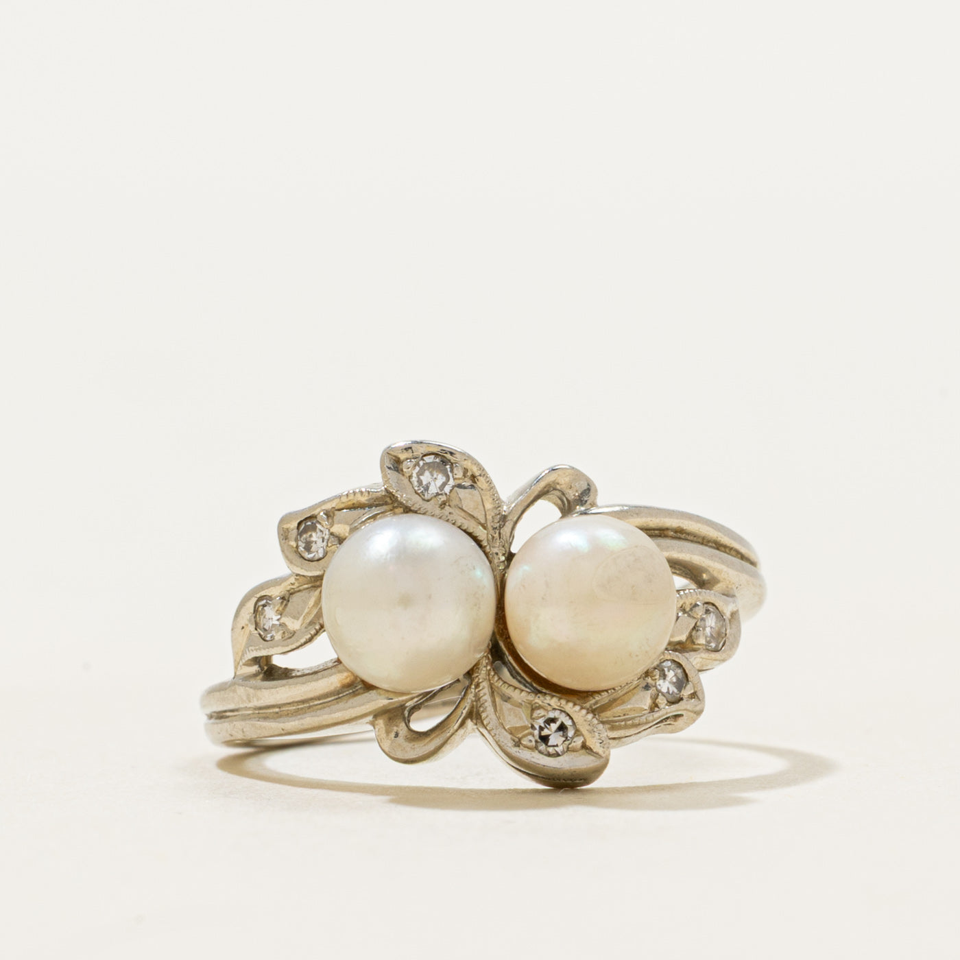 'Orange Blossom' Toi et Moi Pearl & Diamond Leafy Ring | 0.06ctw | SZ 4
