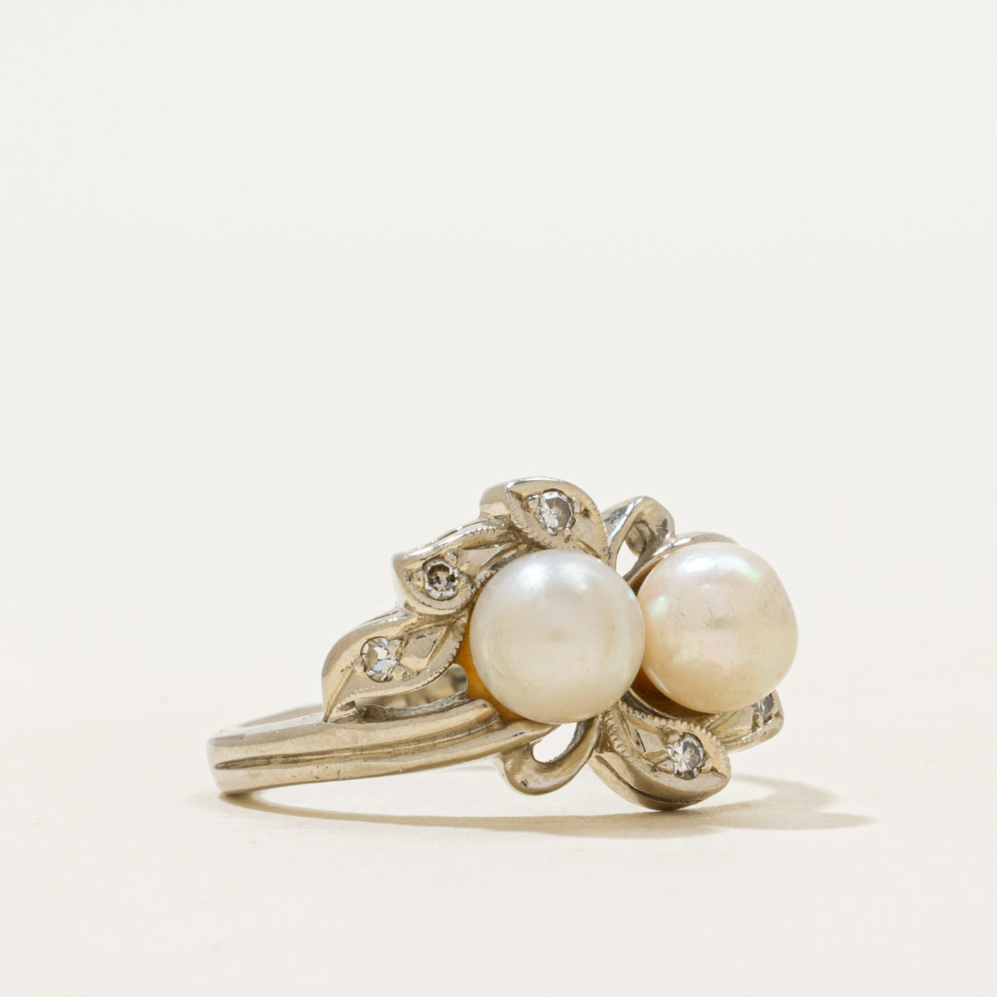 'Orange Blossom' Toi et Moi Pearl & Diamond Leafy Ring | 0.06ctw | SZ 4