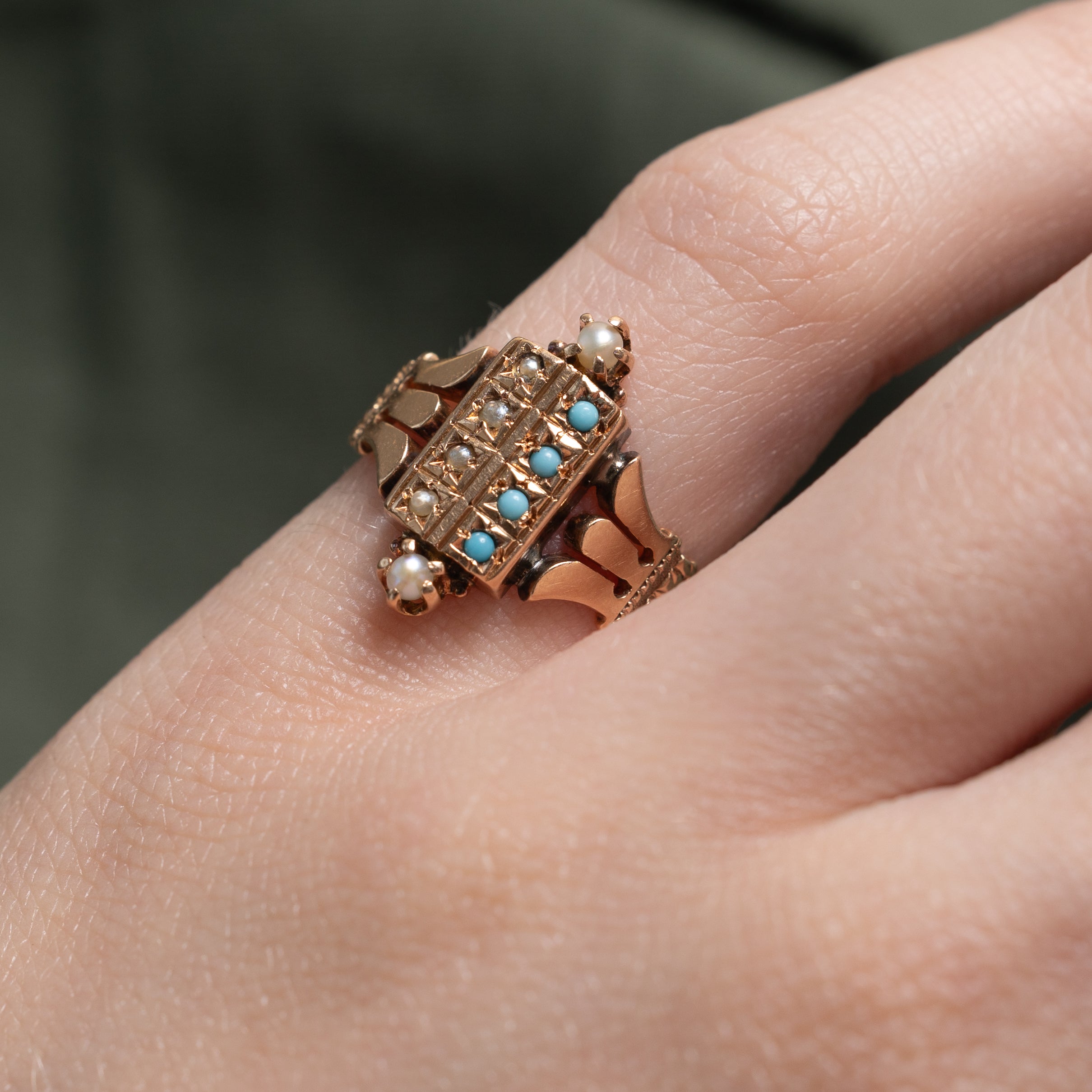 Turquoise & Seed Pearl Ornate Ring | 0.04ctw | SZ 4