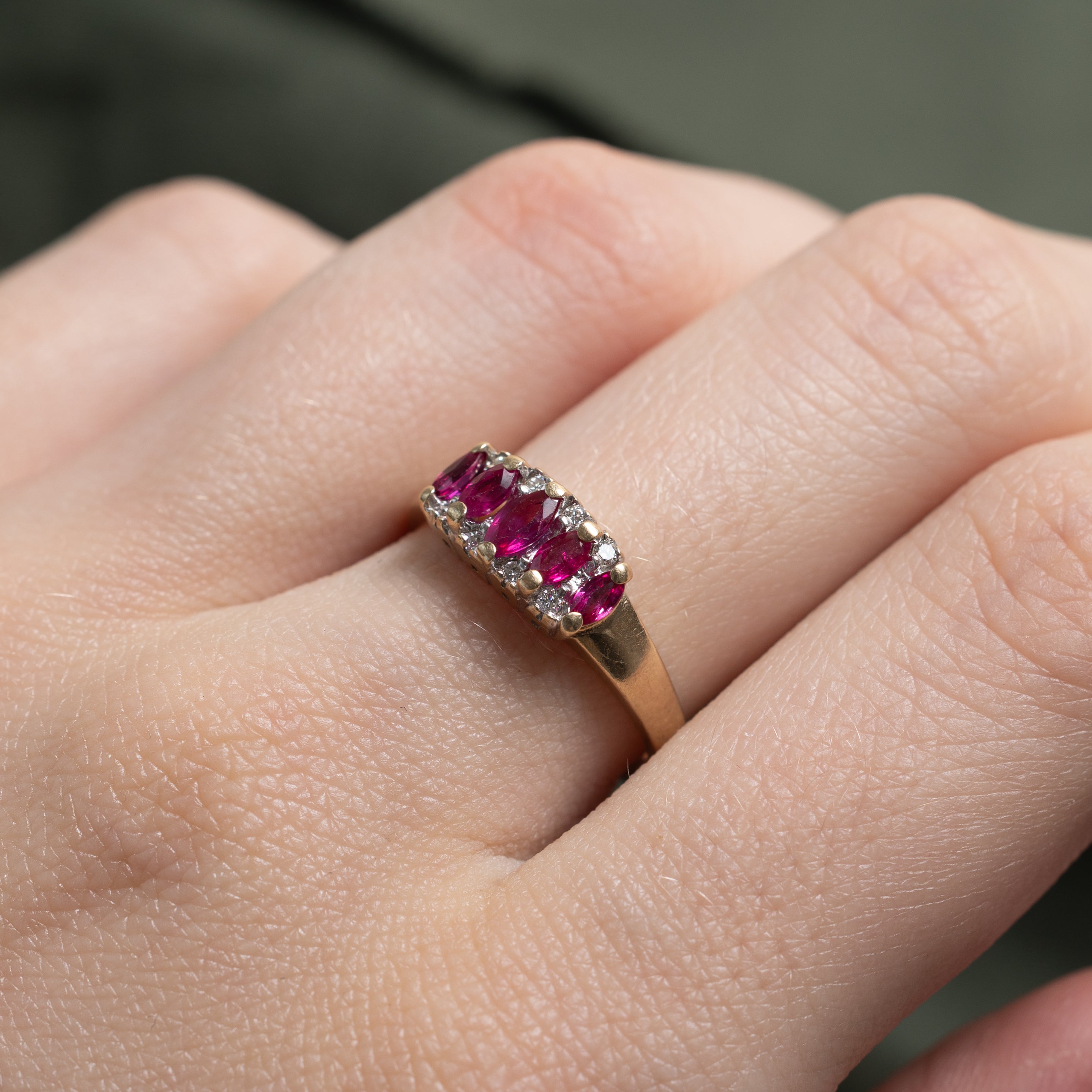 Five Stone Marquise Cut Ruby & Diamond Ring | 0.50ctw, 0.08ctw | SZ 6.75