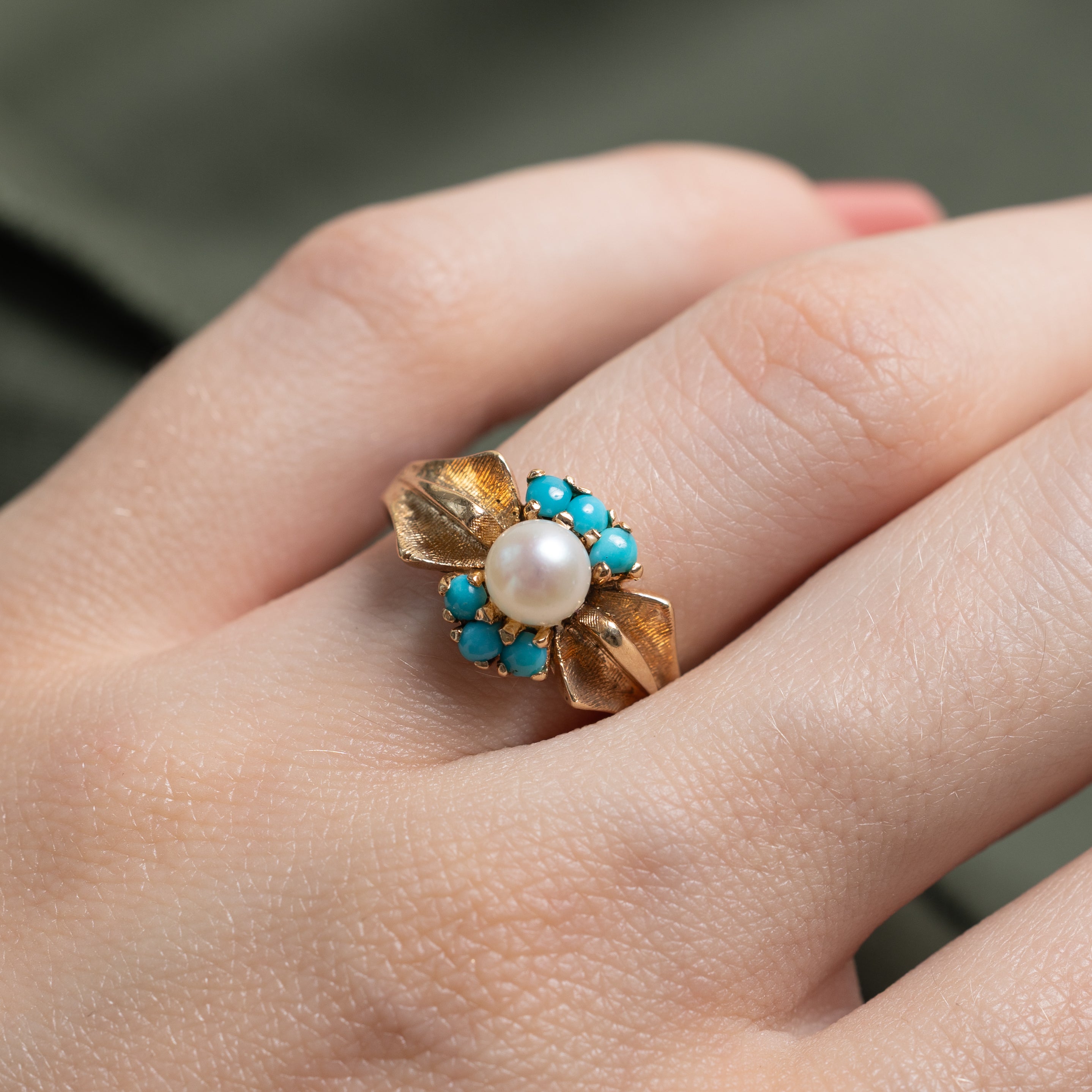 Cabochon Turquoise & Pearl Textured Ring | 0.36ctw | SZ 6.25