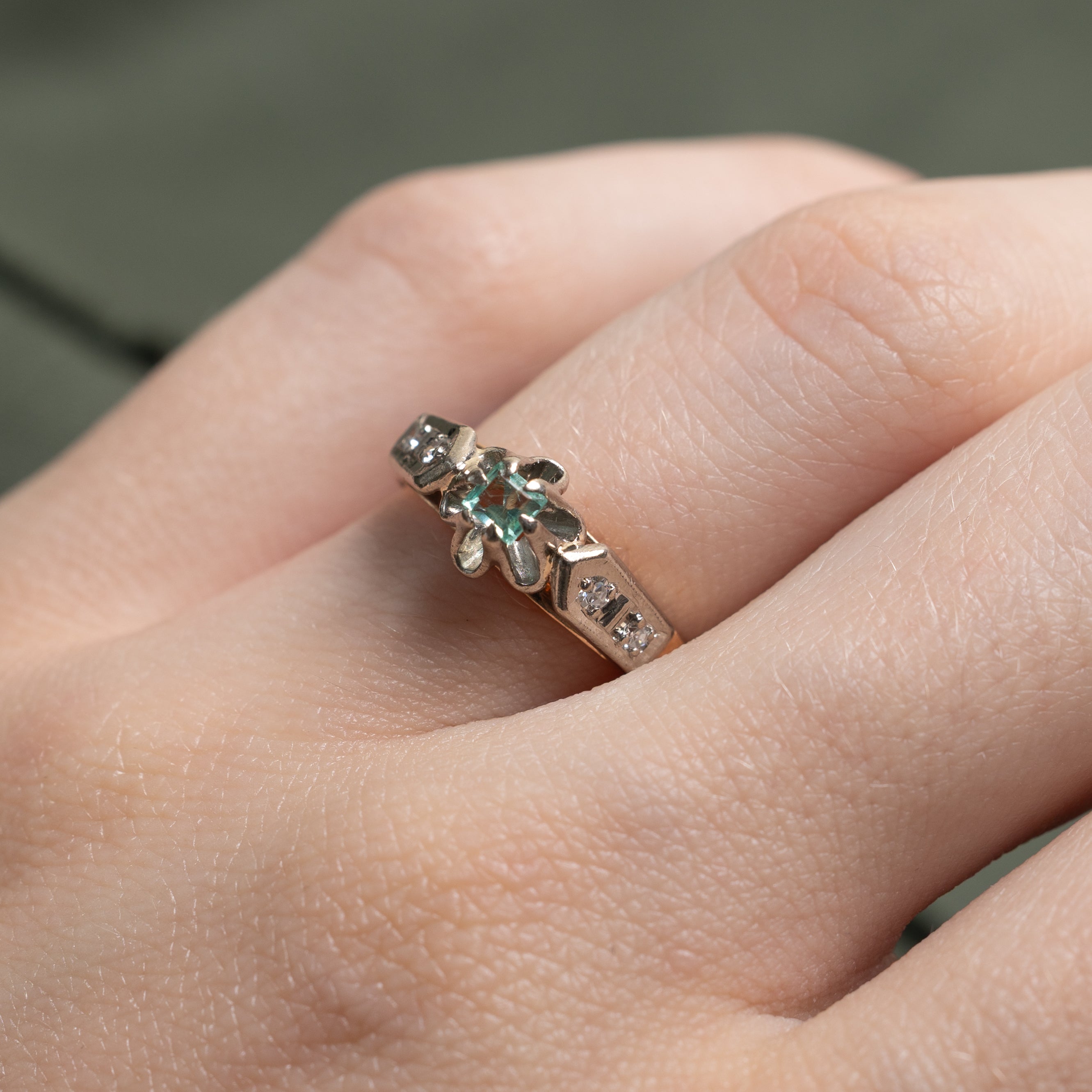 1980 Odessa Two-Tone Belcher Set Emerald & Diamond Ring | 0.11ct, 0.08ctw | SZ 3