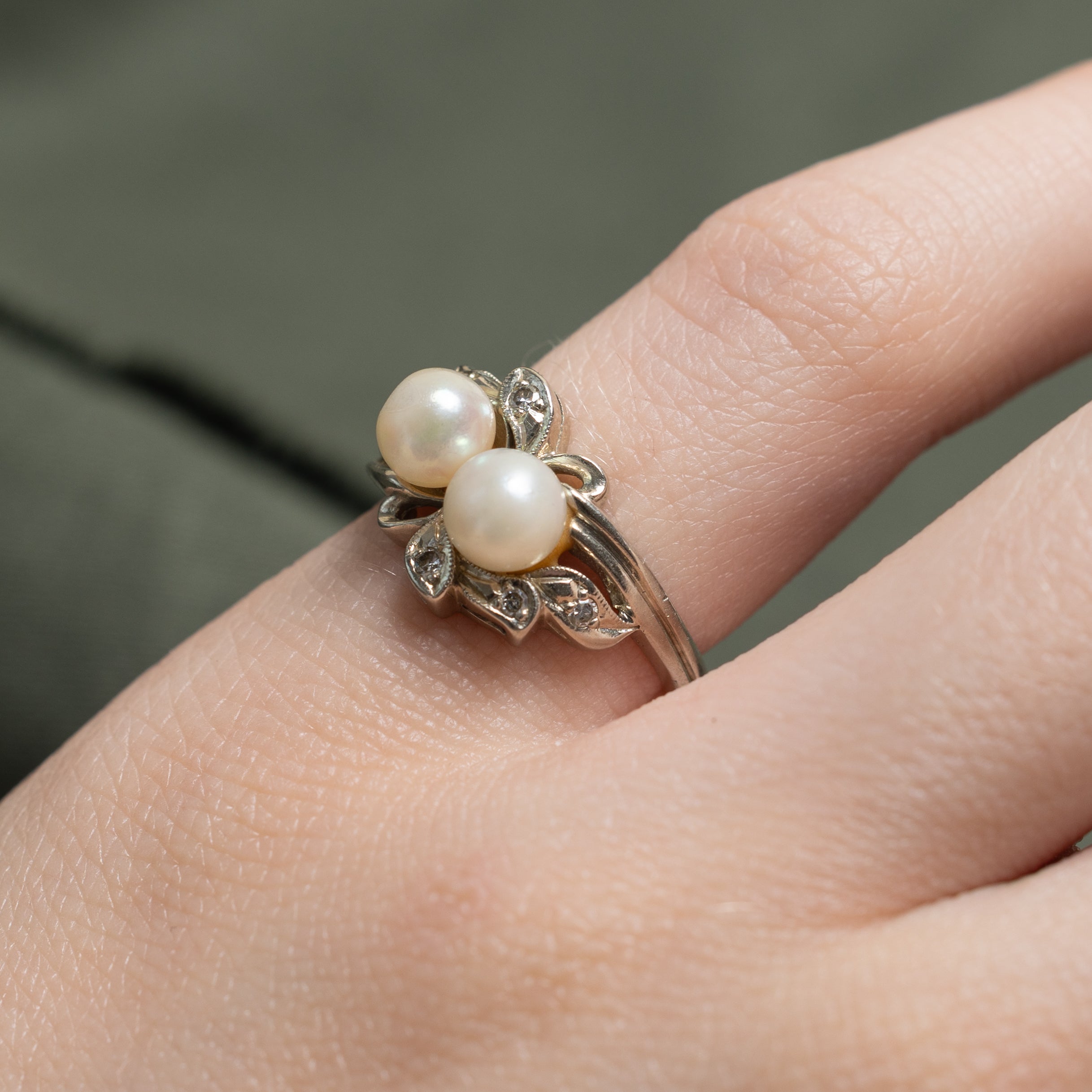 'Orange Blossom' Toi et Moi Pearl & Diamond Leafy Ring | 0.06ctw | SZ 4