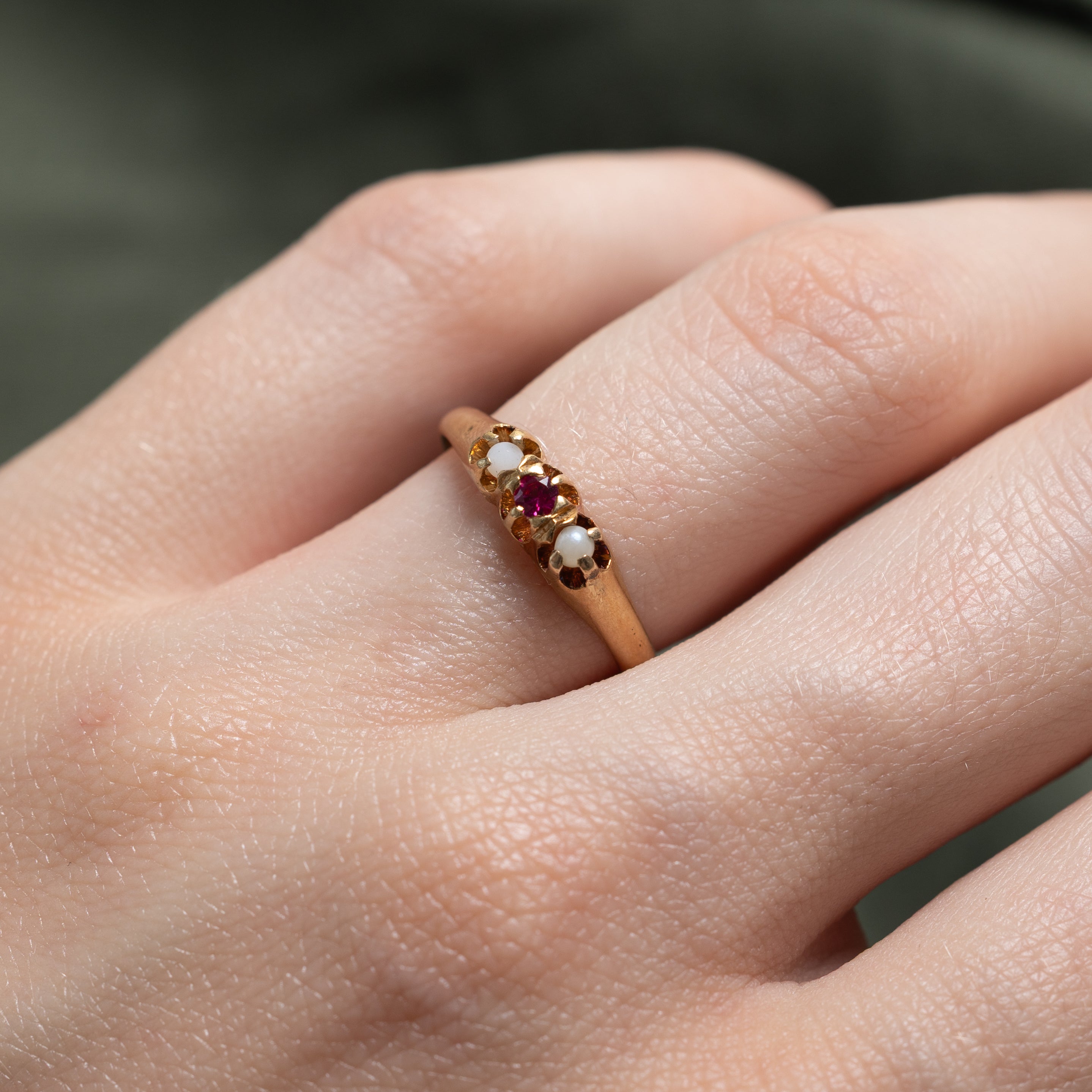 Belcher Set Synthetic Ruby & Pearl Petite Ring | 0.05ct | SZ 5.75